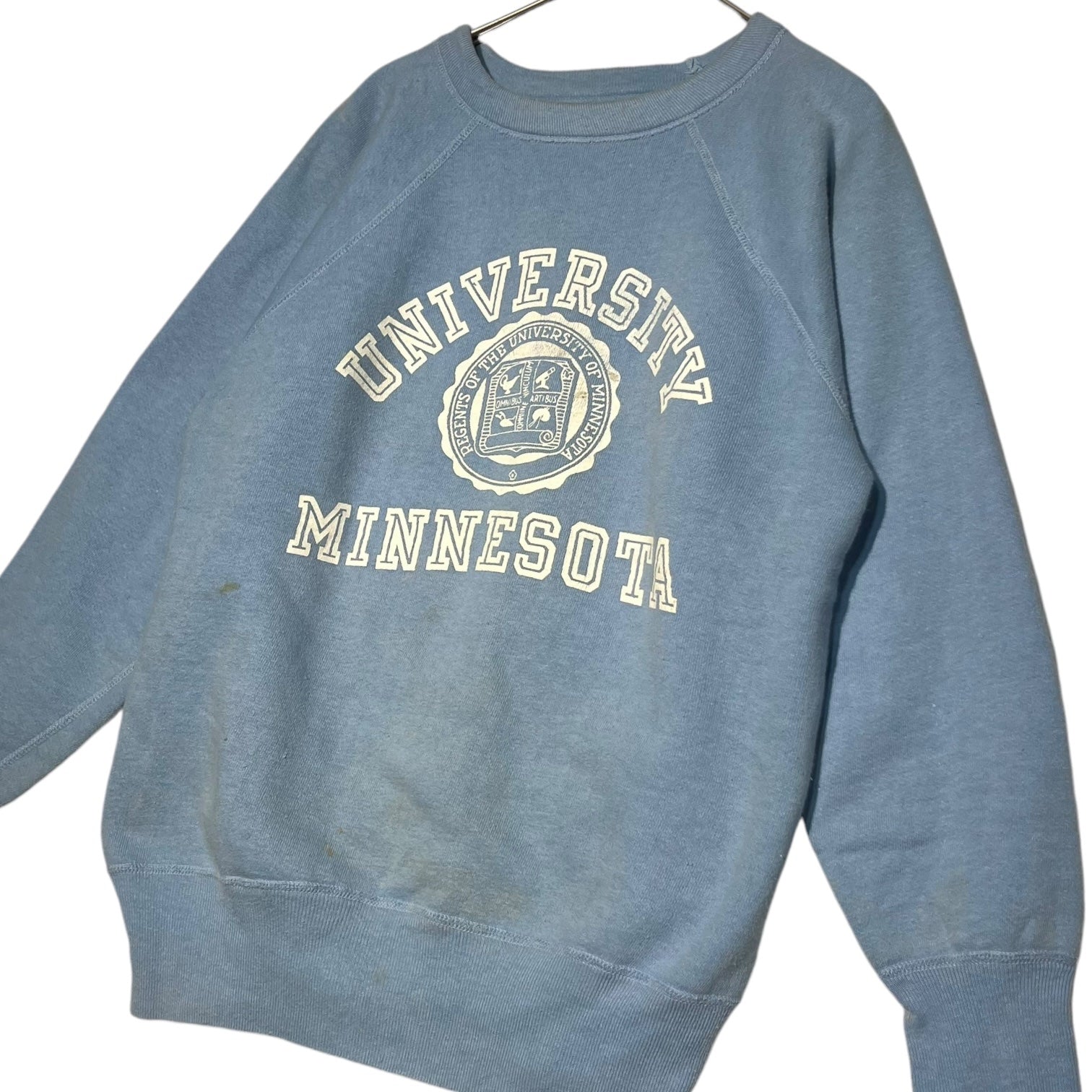 Champion(チャンピオン) 60's UNIVERSITY MINNESOTA VITNAGE SWEAT SHIRT ミネソタ大学 ラグラン ヴィンテージ スウェット M(小さめ) スカイブルー 60年代 大文字ランタグ後期 3段プリント カレッジ