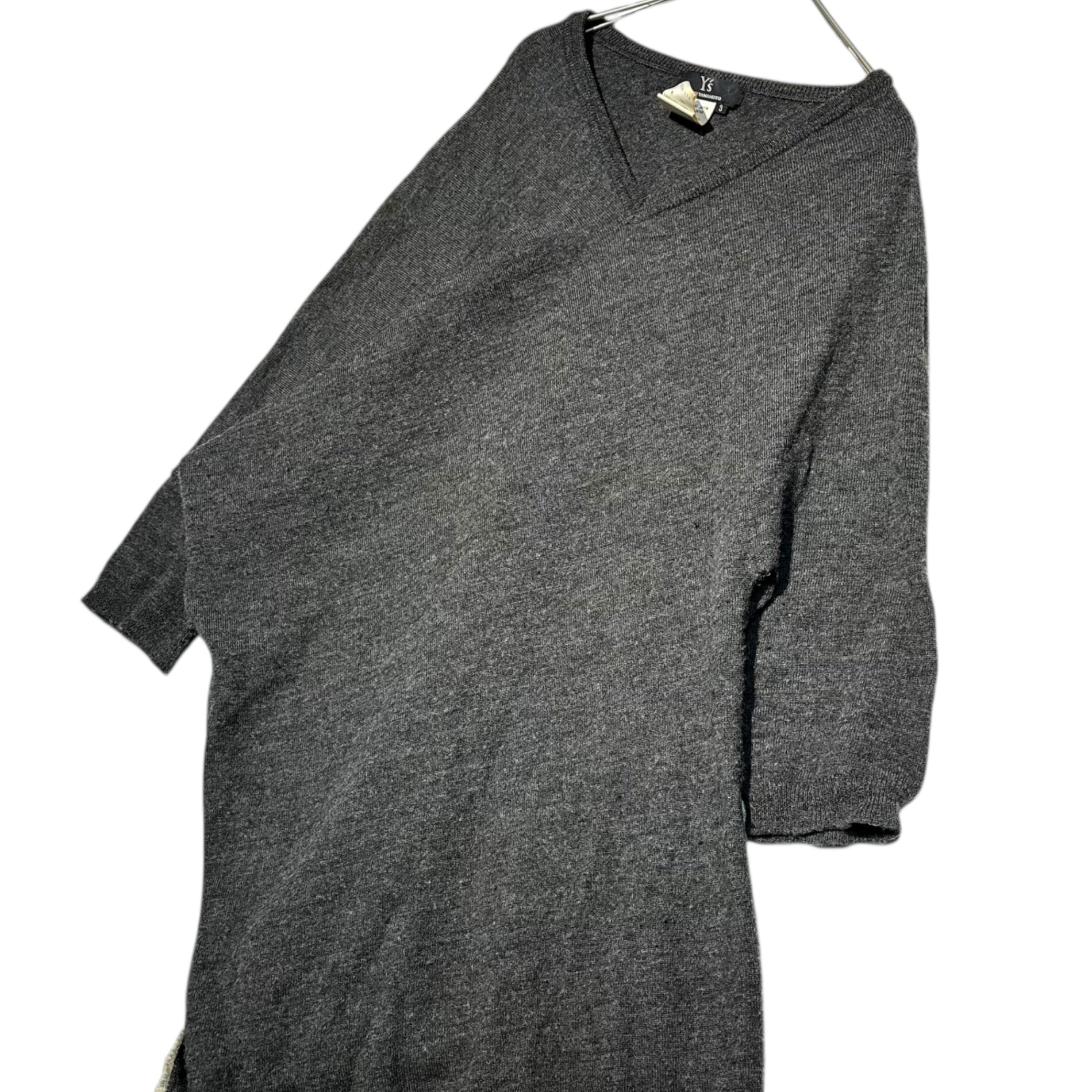 Y's(ワイズ) Hemline V-neck Asymmetric Knit 裾ライン Vネック 変形 ニット YN-K28-179 3(L程度) チャコールグレー×オフホワイト