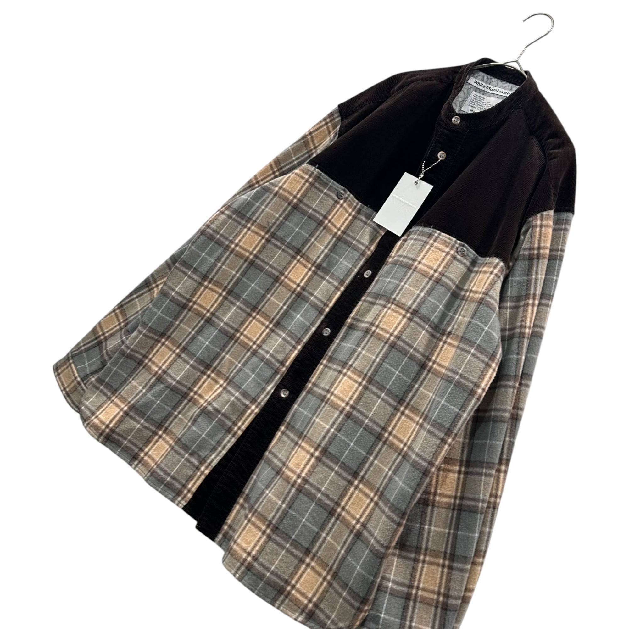 White Mountaineering(ホワイトマウンテニアリング) 2025AW MID GUSSET SLEEVE BAND COLLAR TARTAN SHIRT ミッド ガセット スリーブ バンドカラー タータン チェック シャツ WM2573102 2 グレー×ブラウン