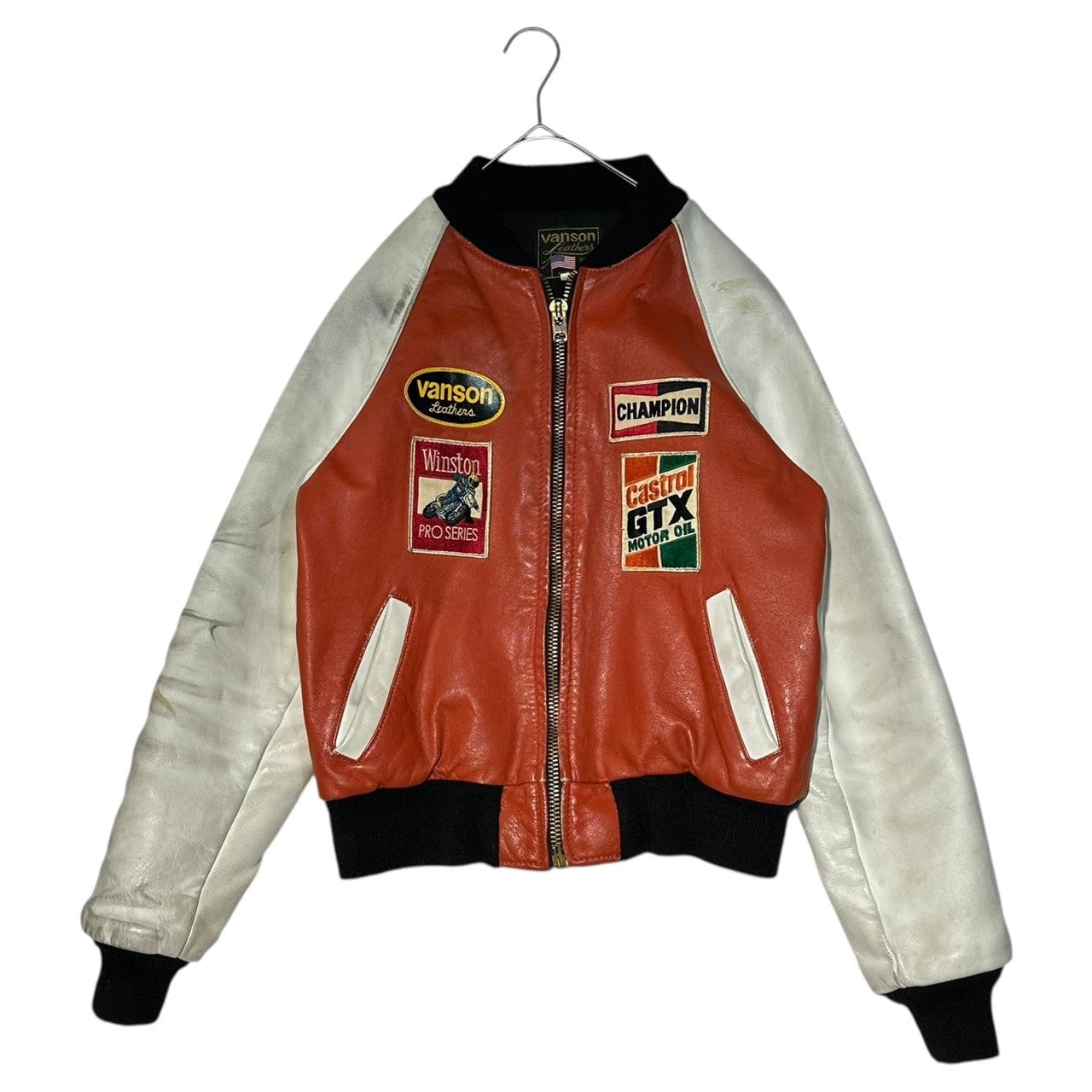 VANSON(バンソン) USA made Old Racing Leather Jacket オールド レーシング レザー ジャケット 38(M程度) レッド×ホワイト ブルゾン ワッペン CHAMPION Winston GTX