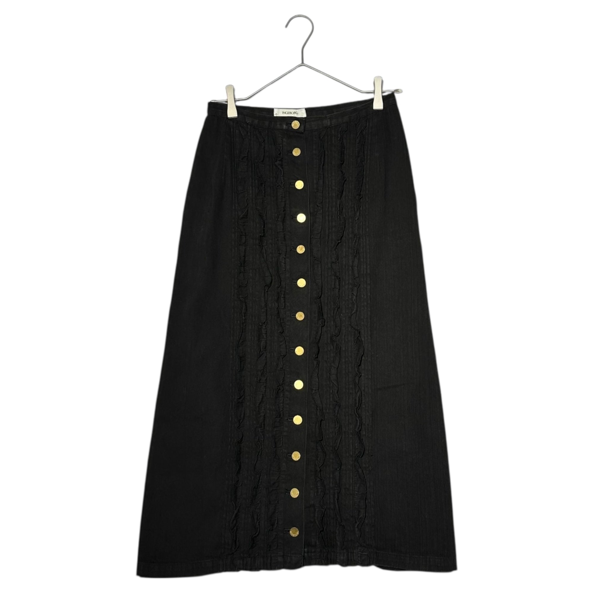 INGEBORG(インゲボルグ) 90's~00's No-Collar Ruffled Denim Jacket Set with Skirt ノーカラー フリル デニム ジャケット セットアップ スカート 表記無(M程度) ブラック ピンクハウス