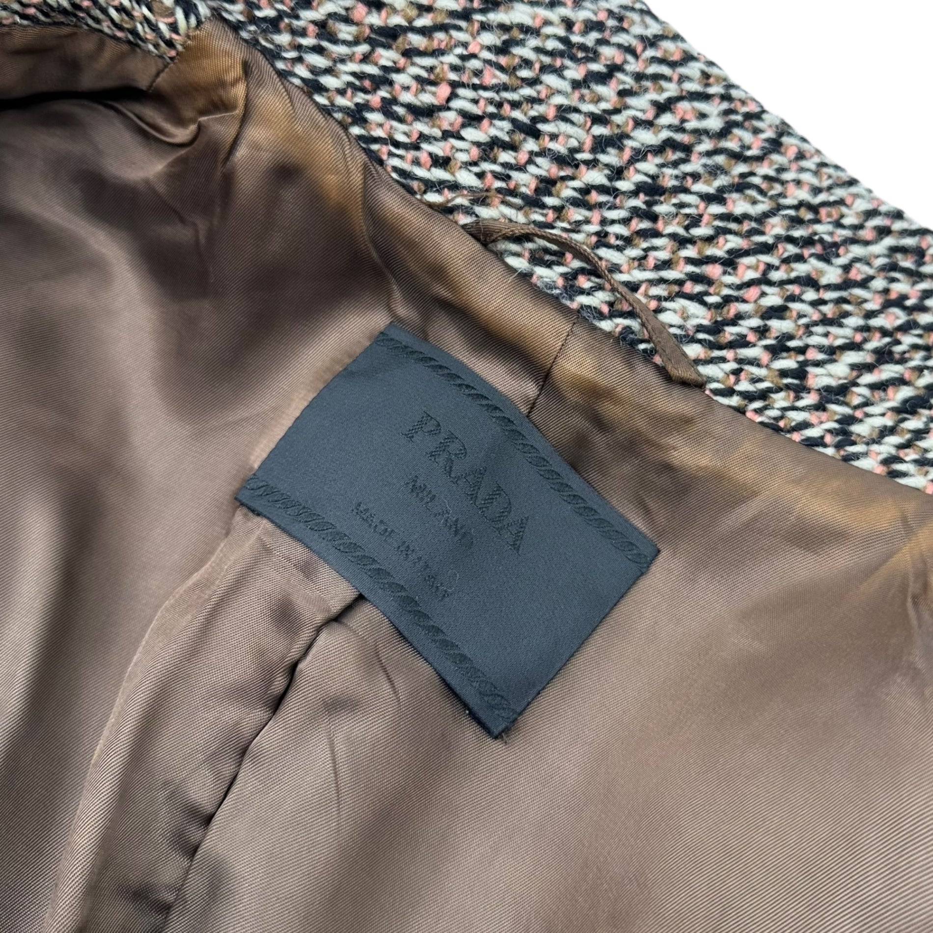 PRADA(プラダ) 2000AW Wool Tweed Stand Collar Flared Coat ウール ツイード スタンドカラー フレア コート 40(L程度) ホワイト×ブラック×ピンク 00's FW
