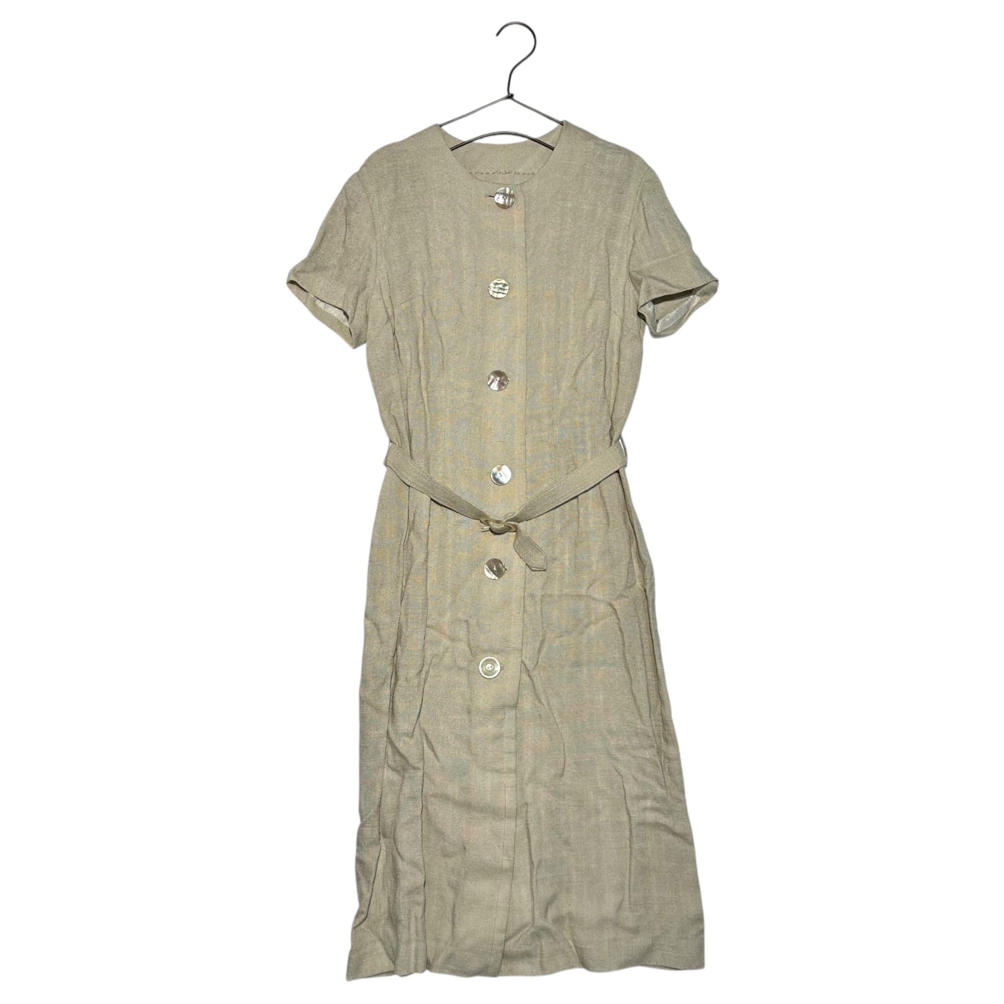Euro vintage(ヨーロッパヴィンテージ) 30's~ jute_short sleeve onepiece with belt ベルト付き半袖ワンピース 貝ボタン 表記無し(M程度) ベージュ