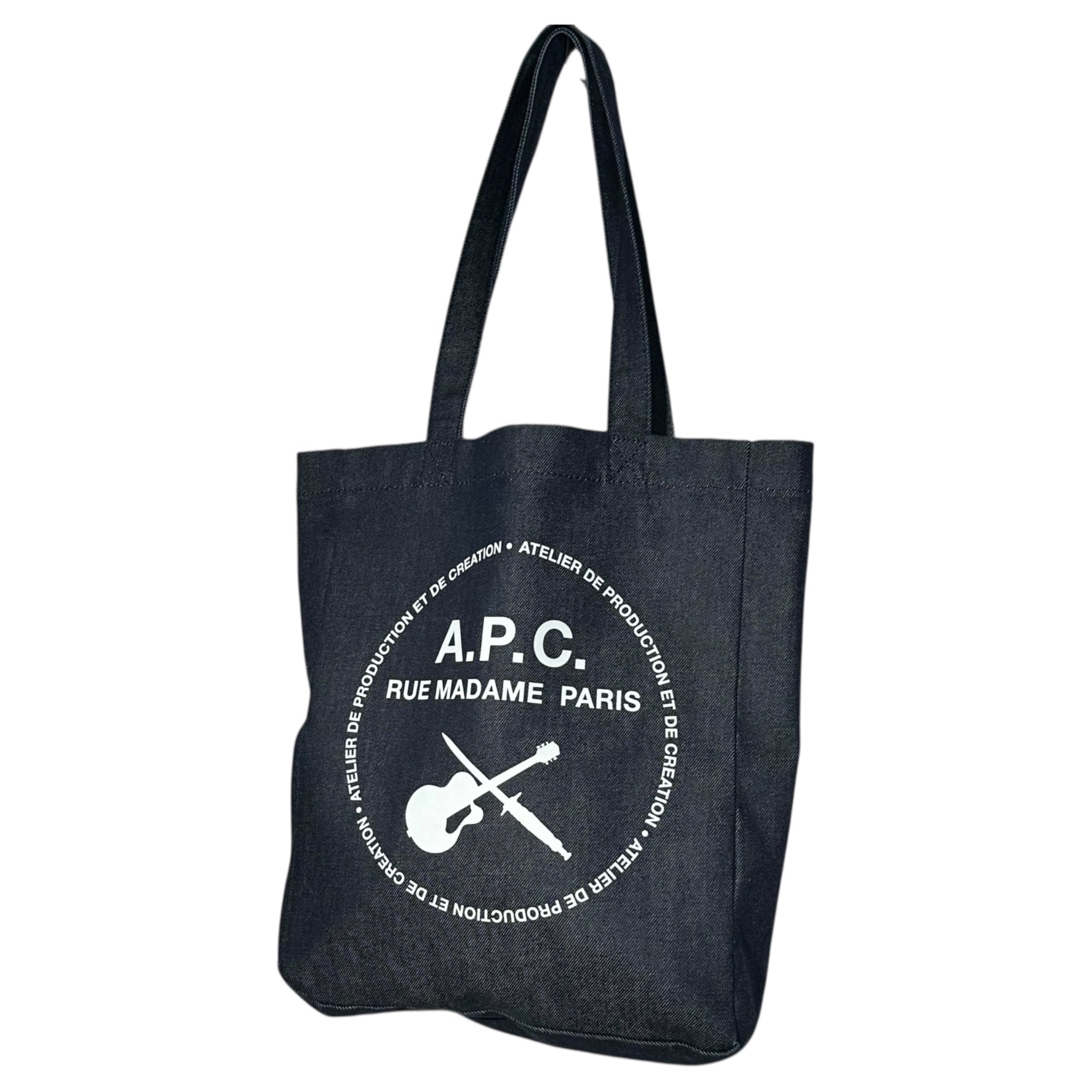 A.P.C.(アーペーセー) Sword and Guitar Logo Print Denim Tote Bag 剣とギター ロゴ プリント デニム トートバッグ インディゴ×ホワイト