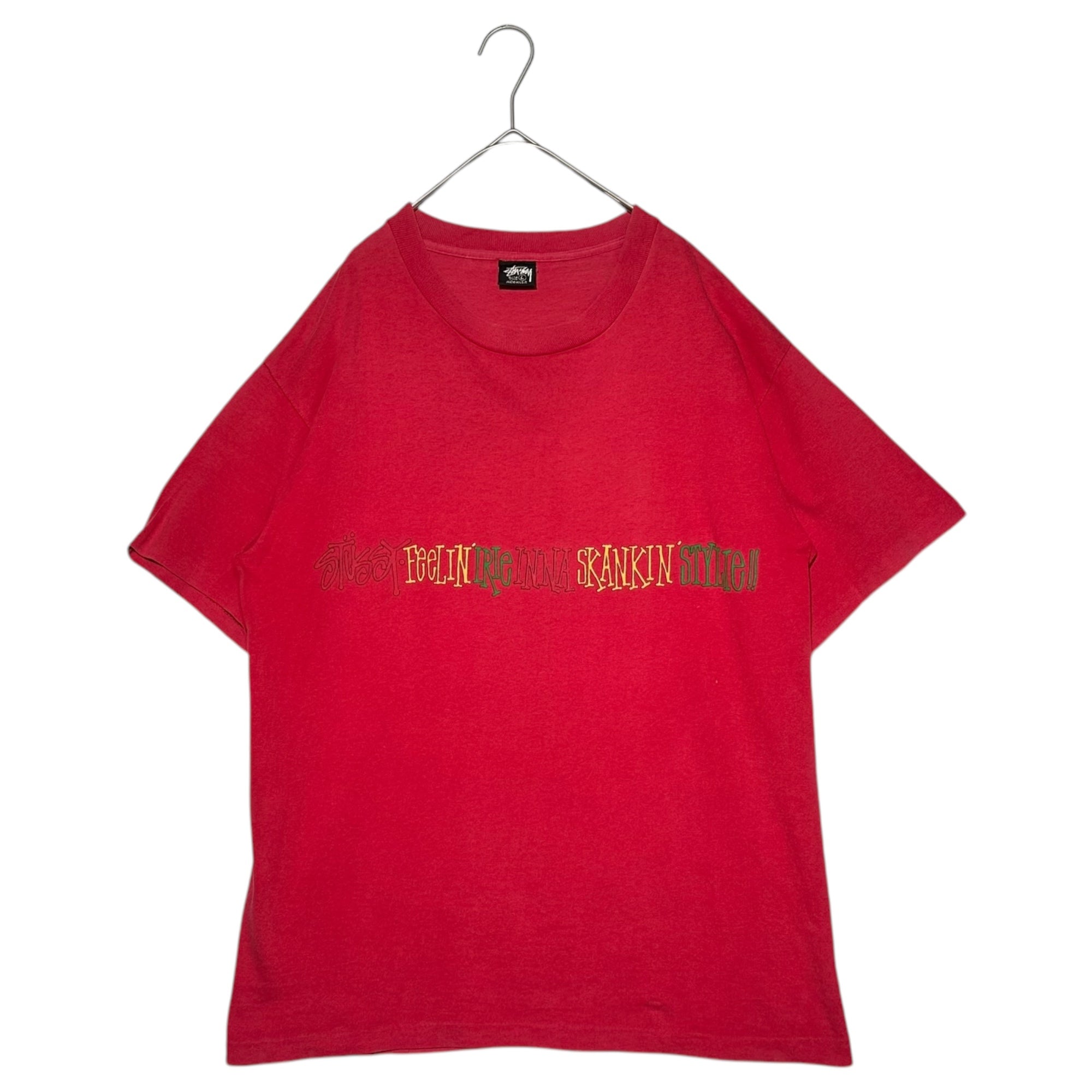 STUSSY(ステューシー) 80's FeeLIN' IRIe INNA SKANKIN' STYLe! Printed T-shirts ラスタ プリント Tシャツ L レッド 80年代～90年代 ヴィンテージ OLD 黒タグ