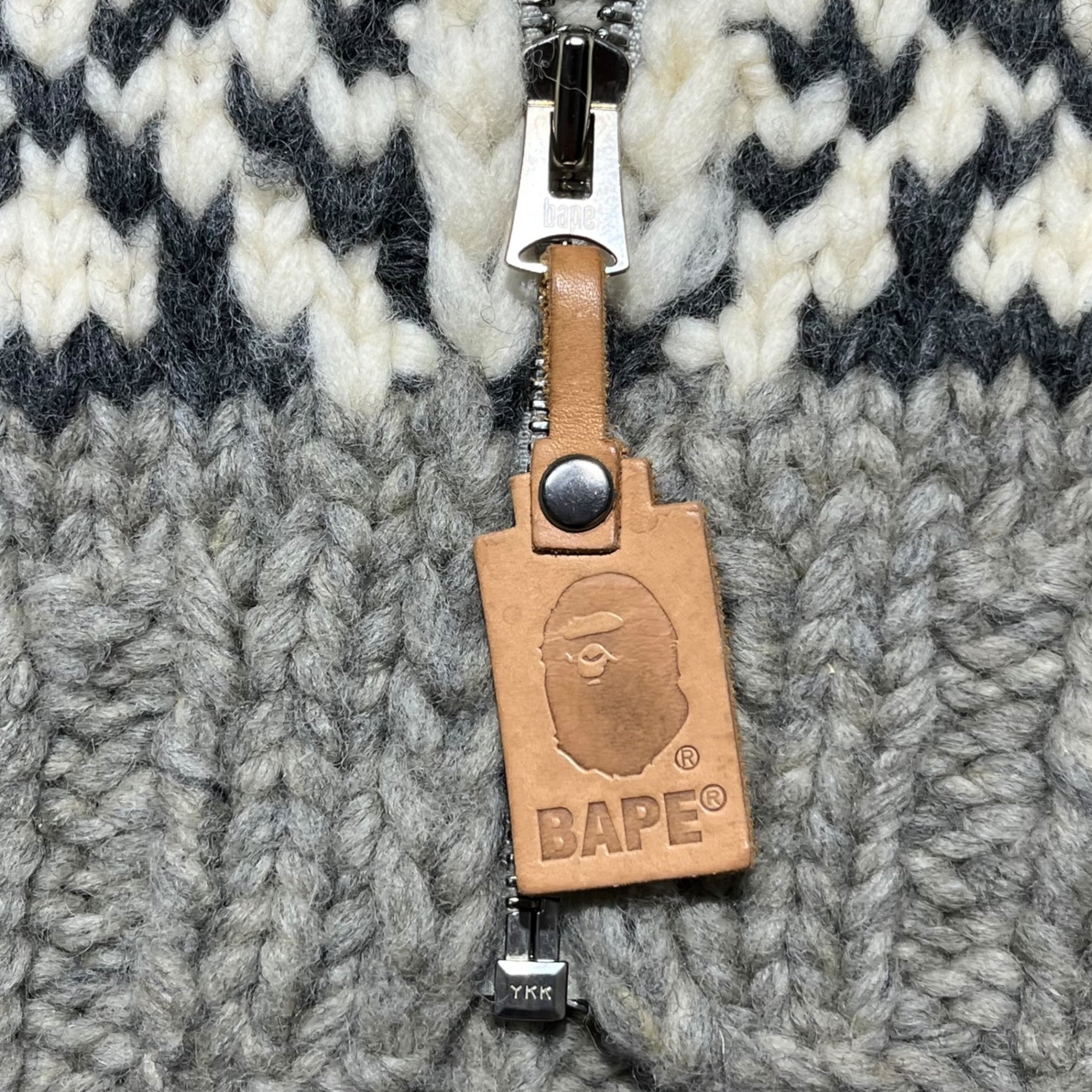 A BATHING APE(アベイシングエイプ) 00's face couch knit cardigan フェイス カウチン ニット カーディガン XL アイボリー×グレー ローゲージ