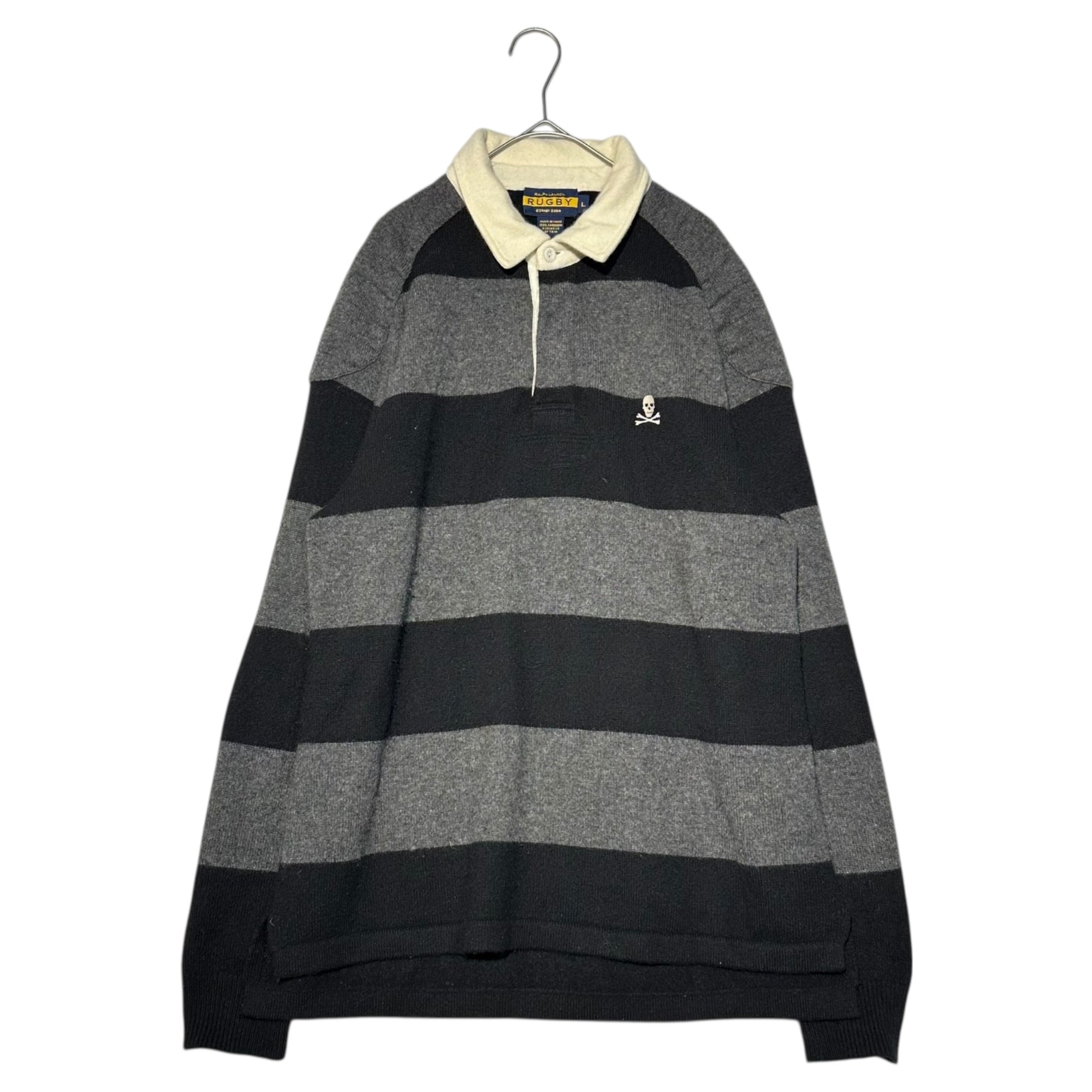 RALPH LAUREN RUGBY(ラルフローレンラグビー) 100% Cashmere Back Numbering Knit Rugby Shirt 100％カシミヤ バックナンバリング ニット ラガー シャツ L グレー×ブラック 品質表示タグ切り取り