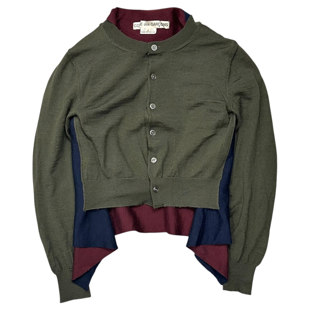 COMME des GARCONS(コムデギャルソン) 2009AW Contrast-Color Layered Button-Front Knit Cardigan 切替 レイヤード ボタン ニット カーディガン GD-N008 FREE カーキ×ネイビー×ワインレッド AD2009 00s アーカイブ