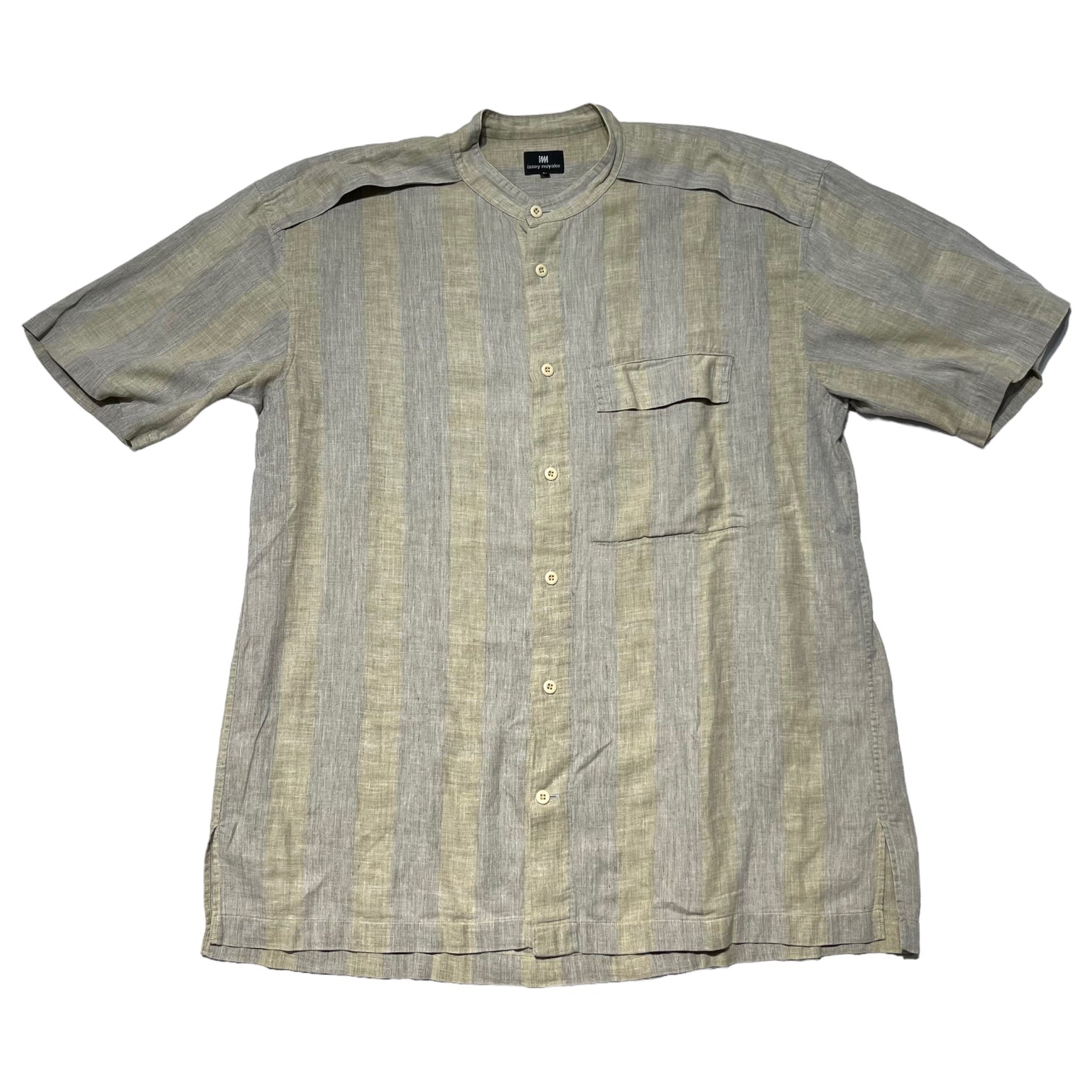 im ISSEY MIYAKE(アイエム イッセイミヤケ) 90's Linen band collar short sleeve striped shirt リネン バンドカラー 半袖 ストライプ シャツ 90年代 L ベージュ