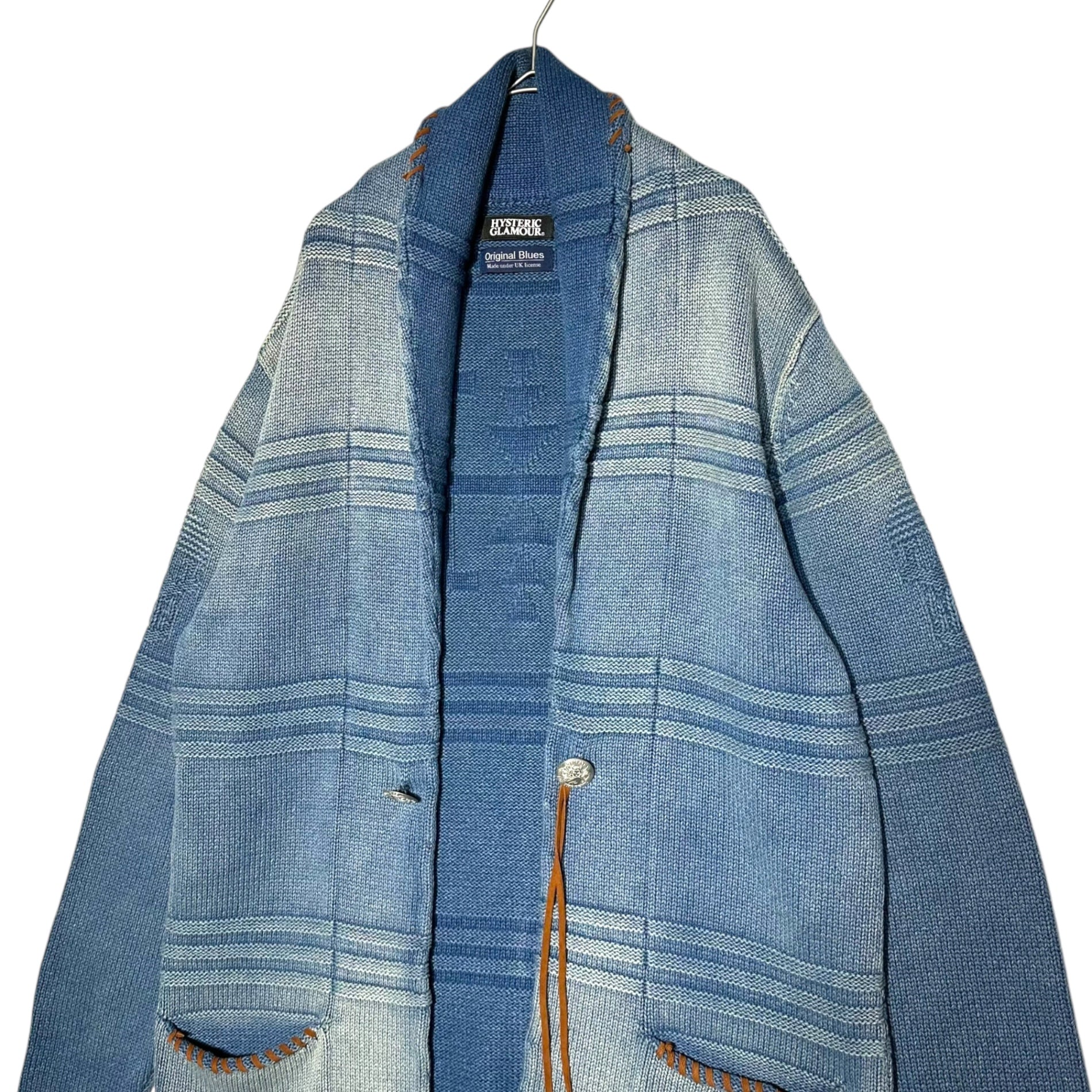 HYSTERIC GLAMOUR(ヒステリックグラマー) 18SS Shawl collar indigo knit cardigan with conchos ショールカラー インディゴ コンチョ付き ニット カーディガン 02181ND02 S インディゴ(ユーズド加工)