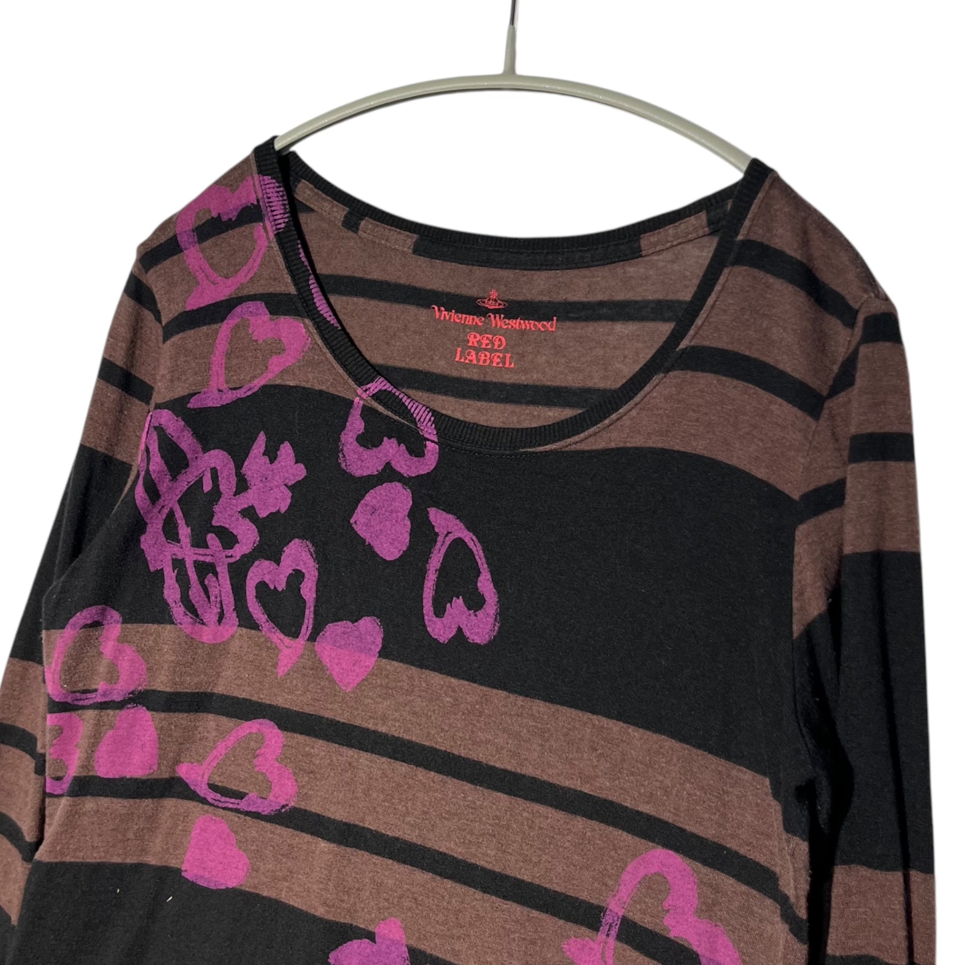 Vivienne Westwood RED LABEL(ヴィヴィアンウエストウッドレッドレーベル) Graffiti Orb Logo Heart Print Border Cut and Sewn 落書き オーブ ロゴ ハート プリント ボーダー カットソー 16-03-322013 2(M程度) ブラウン×ブラック