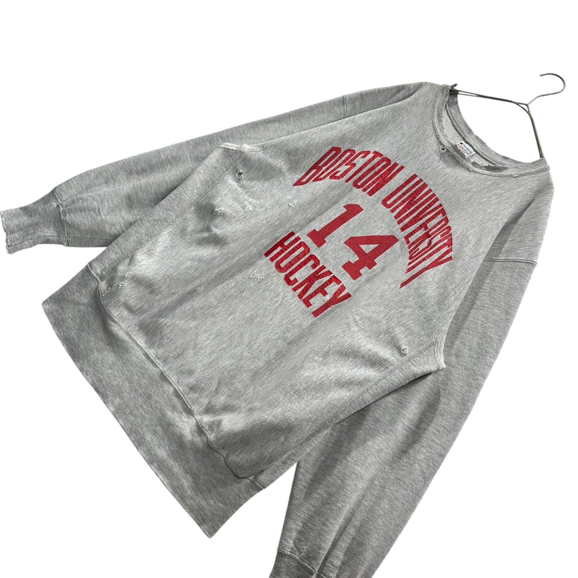 Champion(チャンピオン) 90's ”BOSTON UNIVERSITY 14 HOCKEY” Reverse Weave Sweatshirt リバースウィーブ スウェット XL ライトグレー 90年代 刺繍タグ BOLO ボロ ヴィンテージ