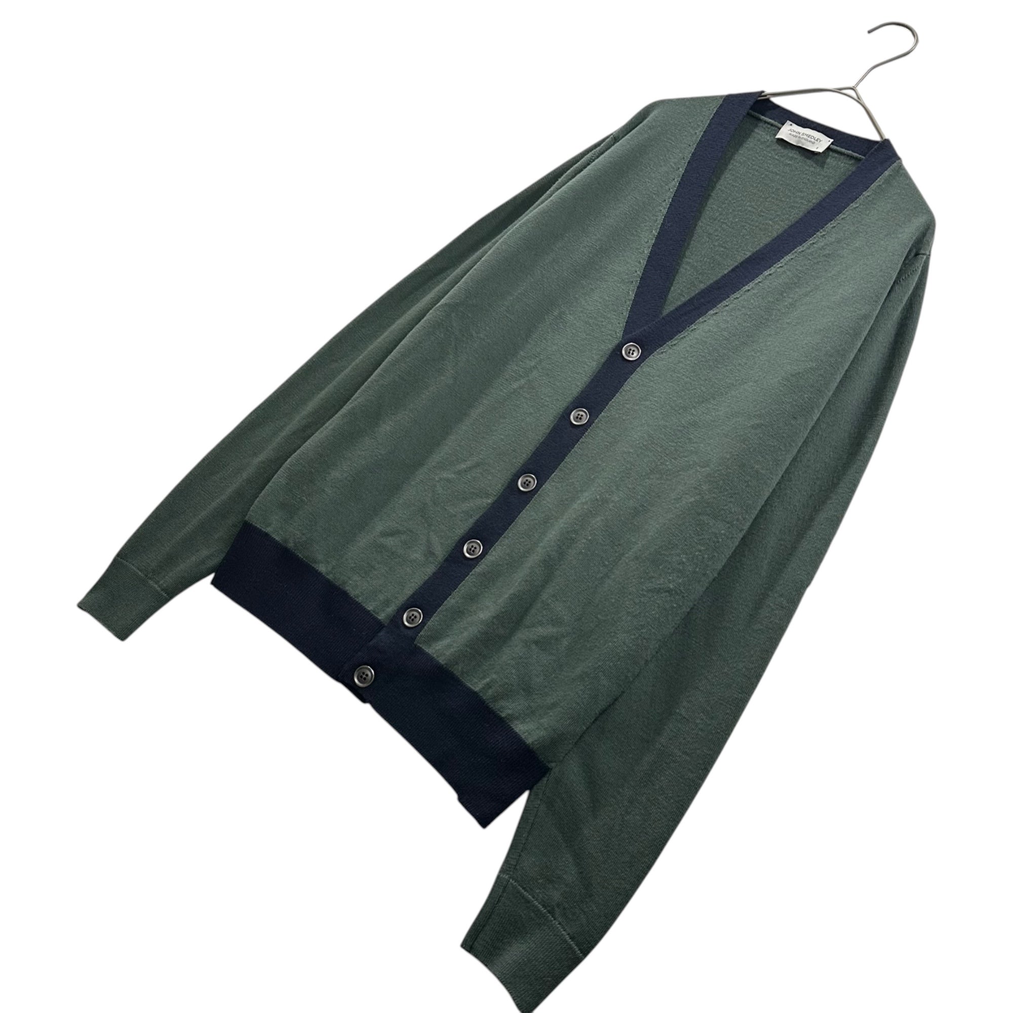 JOHN SMEDLEY(ジョンスメドレー)  V-neck stitch design cardigan Vネック ステッチ デザインカーディガン S ダークネイビー×モスグリーン Made In England イングランド製