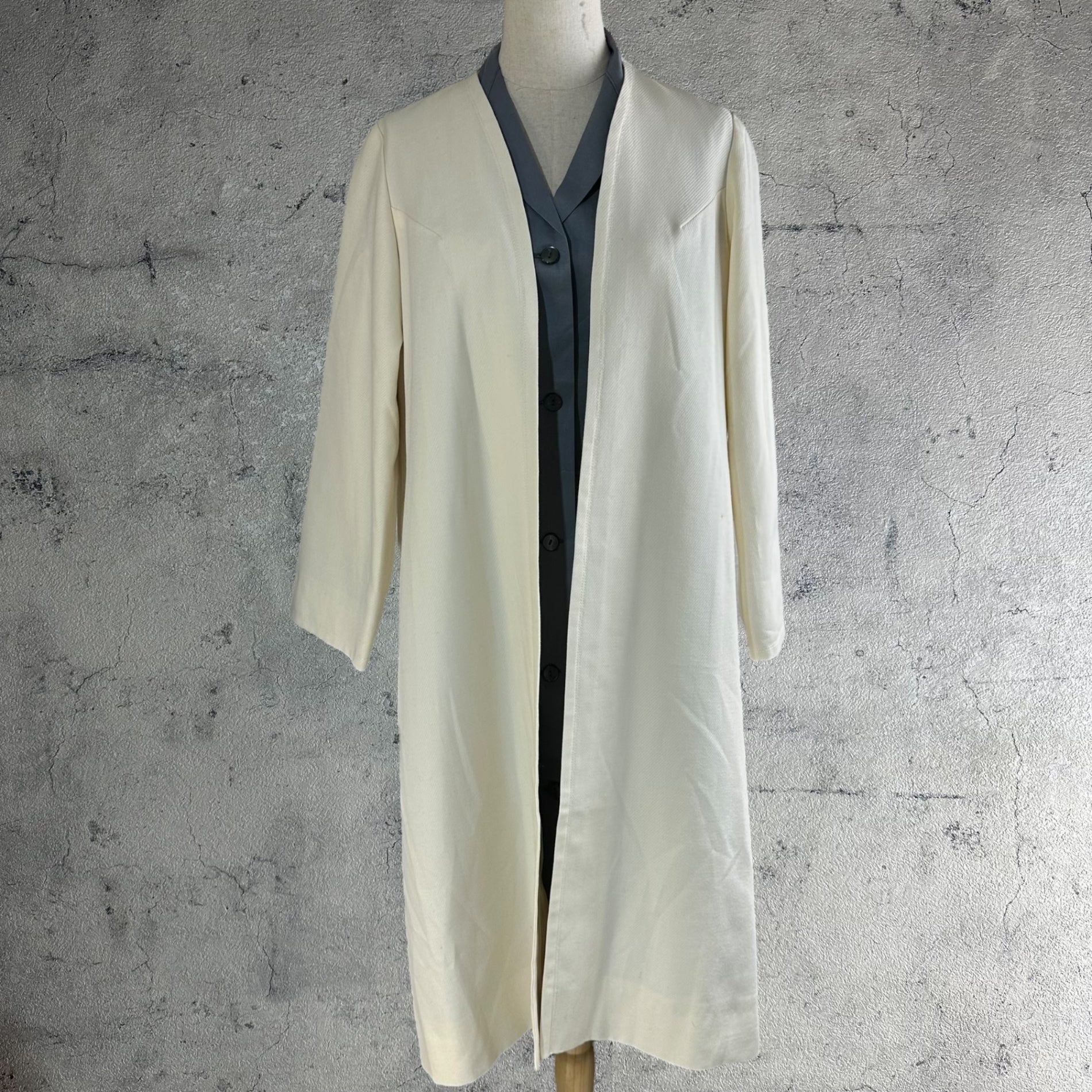 Euro vintage(ヨーロッパヴィンテージ) 70's~ Style_collarless long coat ノーカラーロングコート 表記無し(Mサイズ程度) ホワイト / フロントに小シミ有