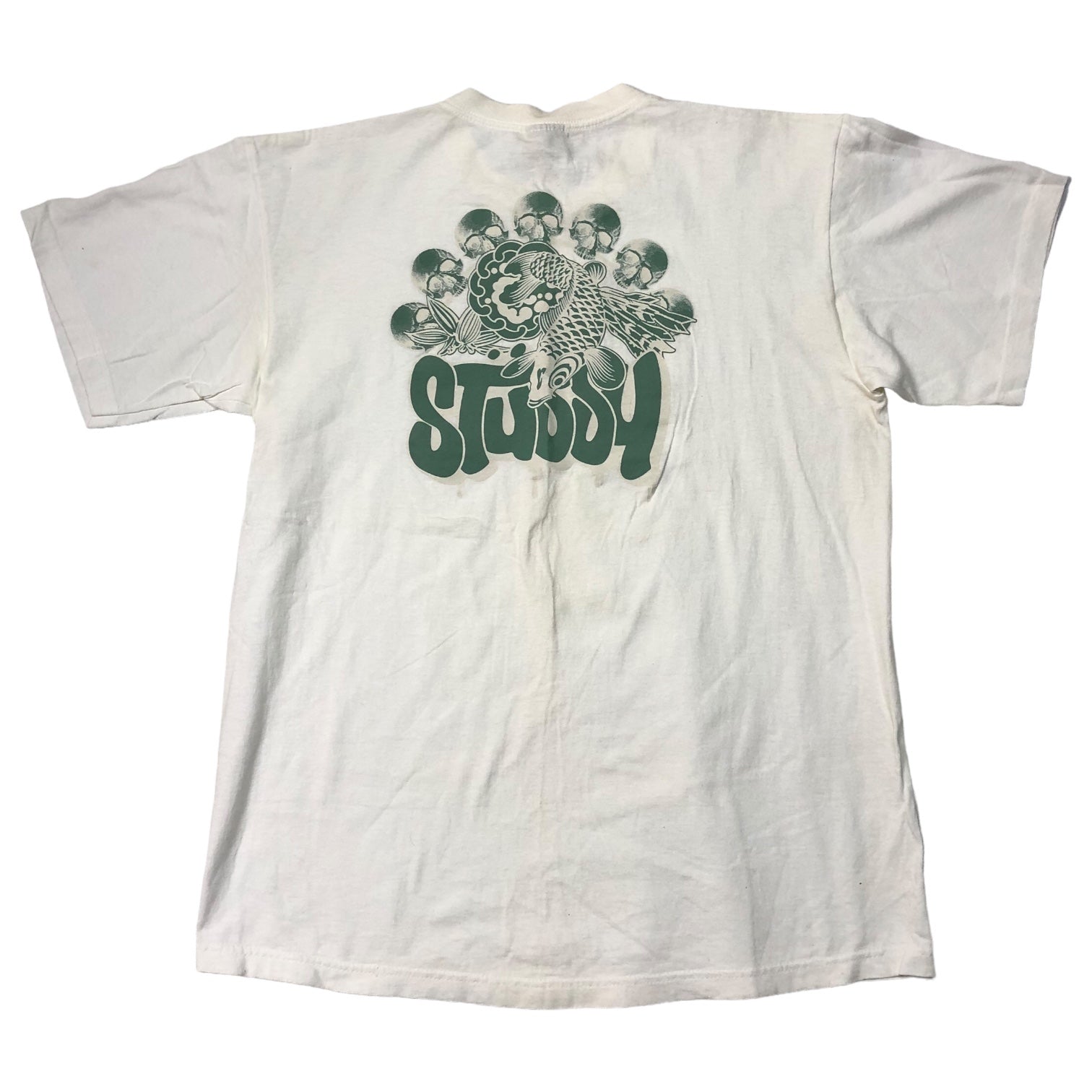STUSSY(ステューシー) 90’s~00's carp and skull バックプリント 鯉 スカル Tシャツ SIZE L ホワイト×グリーン 90～00年代 OLD STUSSY