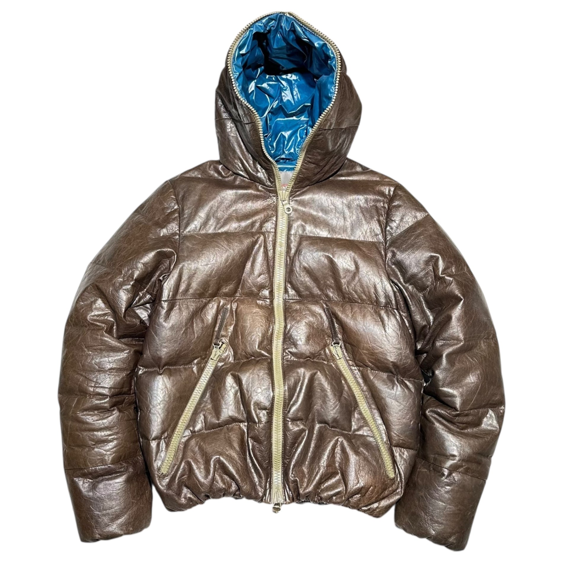 DUVETICA(デュベティカ) Lamb Leather Hooded Down Jacket ラムレザー フーデッド ダウン ジャケット U.2250.00.-1068 50(L) ブラウン×ブルー