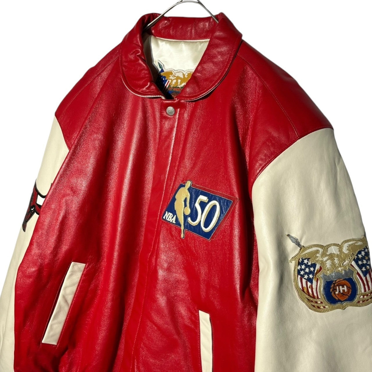 Jeff Hamilton(ジェフハミルトン) 1996 "NBA 50" BULLS Leather LIMITED EDITION JACKET ブルズ レザー スタジアム ジャケット L レッド×ホワイト 90's 90年代 スタジャン 90年代 マイケル ジョーダン ジェフハミルトンサイン入り