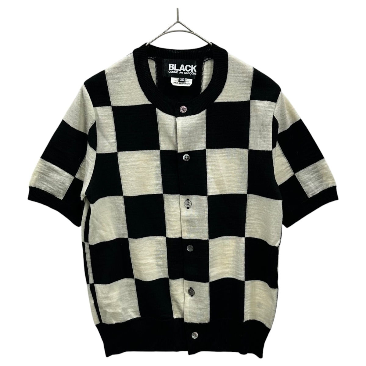 BLACK COMME des GARCONS(ブラックコムデギャルソン) 2009SS Checkered Pattern Short-Sleeve Wool Cardigan チェッカーフラッグ チェック 半袖 ウール カーディガン 1C-N004 XS ホワイト×ブラック AD2008 00s アーカイブ