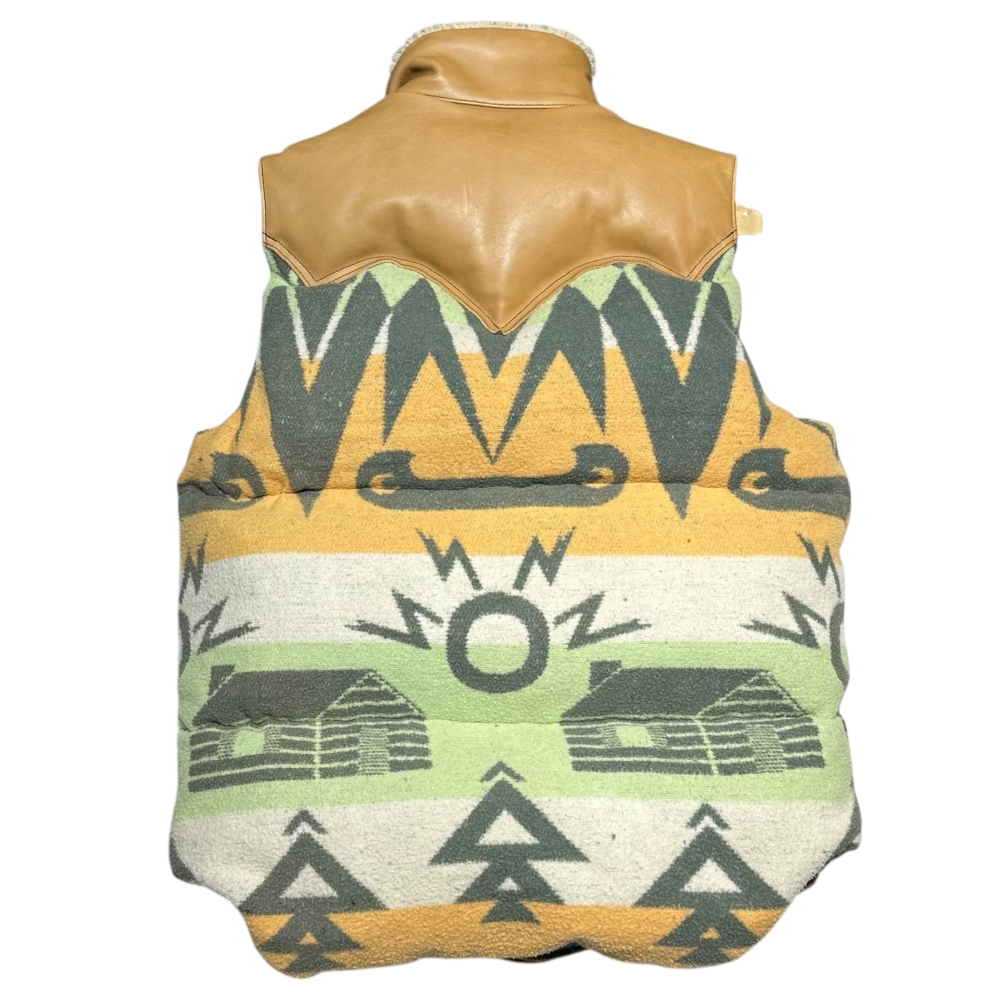 Rocky Mountain Featherbed × Ron Herman(ロッキーマウンテン × ロンハーマン) Leather Yoke Native Pattern Fleece-Lined Down Vest レザー ヨーク ネイティブ柄 ボア ダウン ベスト 38(M) オレンジ×ベージュ×ブラック