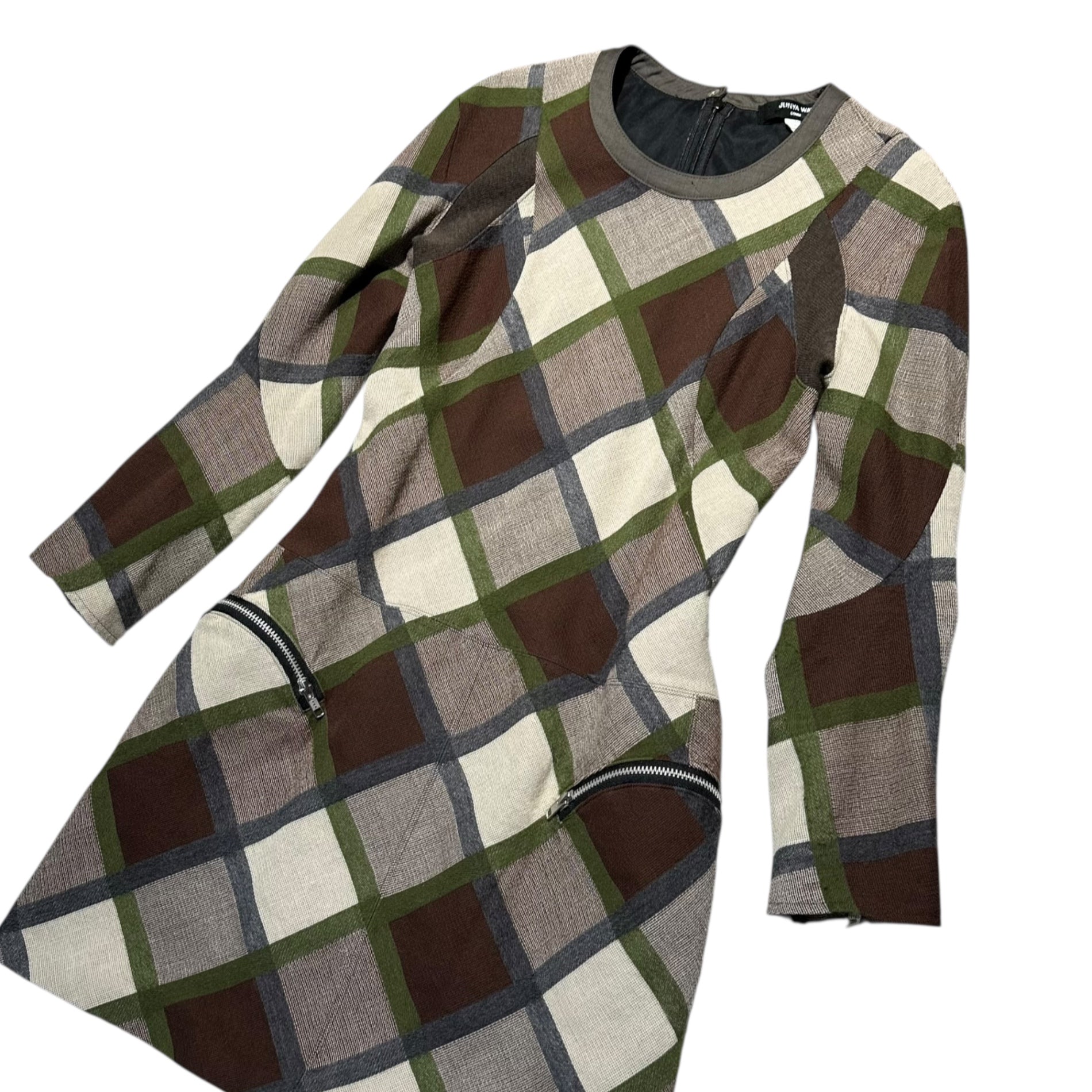 COMME des GARCONS JUNYA WATANABE(コムデギャルソンジュンヤワタナベ) 13AW Diagonal Check Round Neck L/S Wool Dress 斜めチェック ラウンドネック 長袖 ウール ワンピース JL-O022 S カーキ×ブラウン AD2013