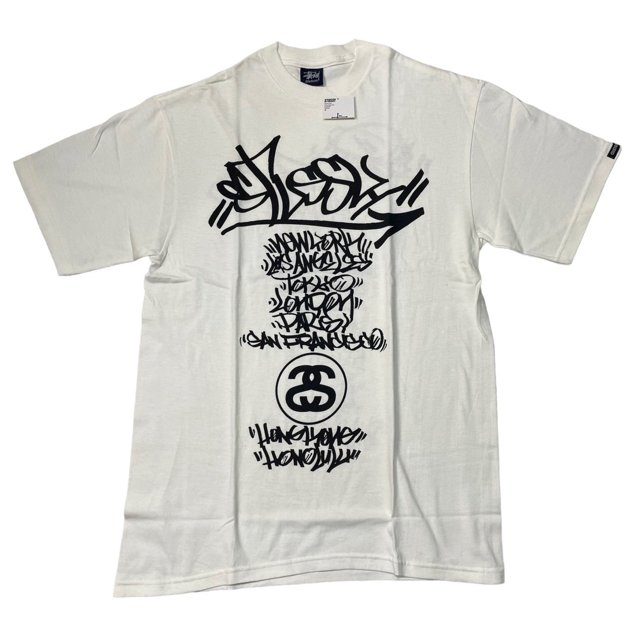 STUSSY(ステューシー) 90's CUSTOMADE logo t-shirt ロゴ Tシャツ ツアー 筆記体 M ホワイト 紺タグ 90年代 デッドストック