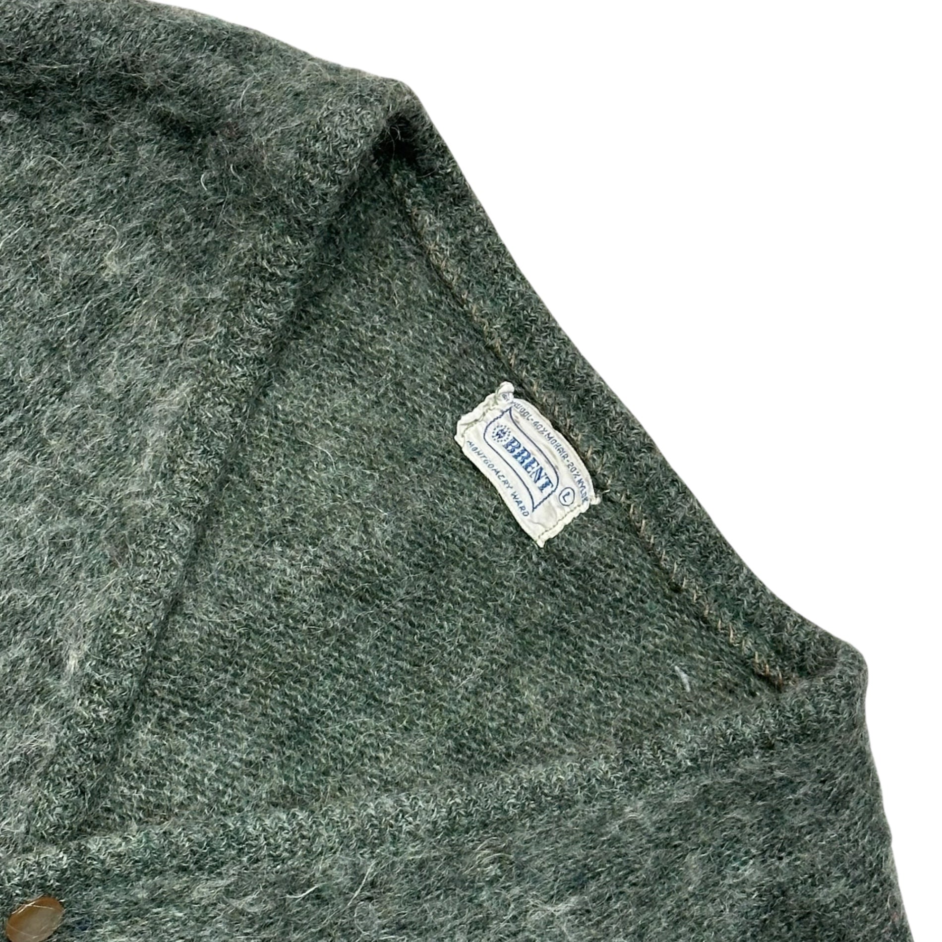BRENT(ブレント) 60's Shaggy Mohair Cardigan シャギー モヘア カーディガン L グレーグリーン 60年代 貝ボタン ヴィンテージ 毛足長