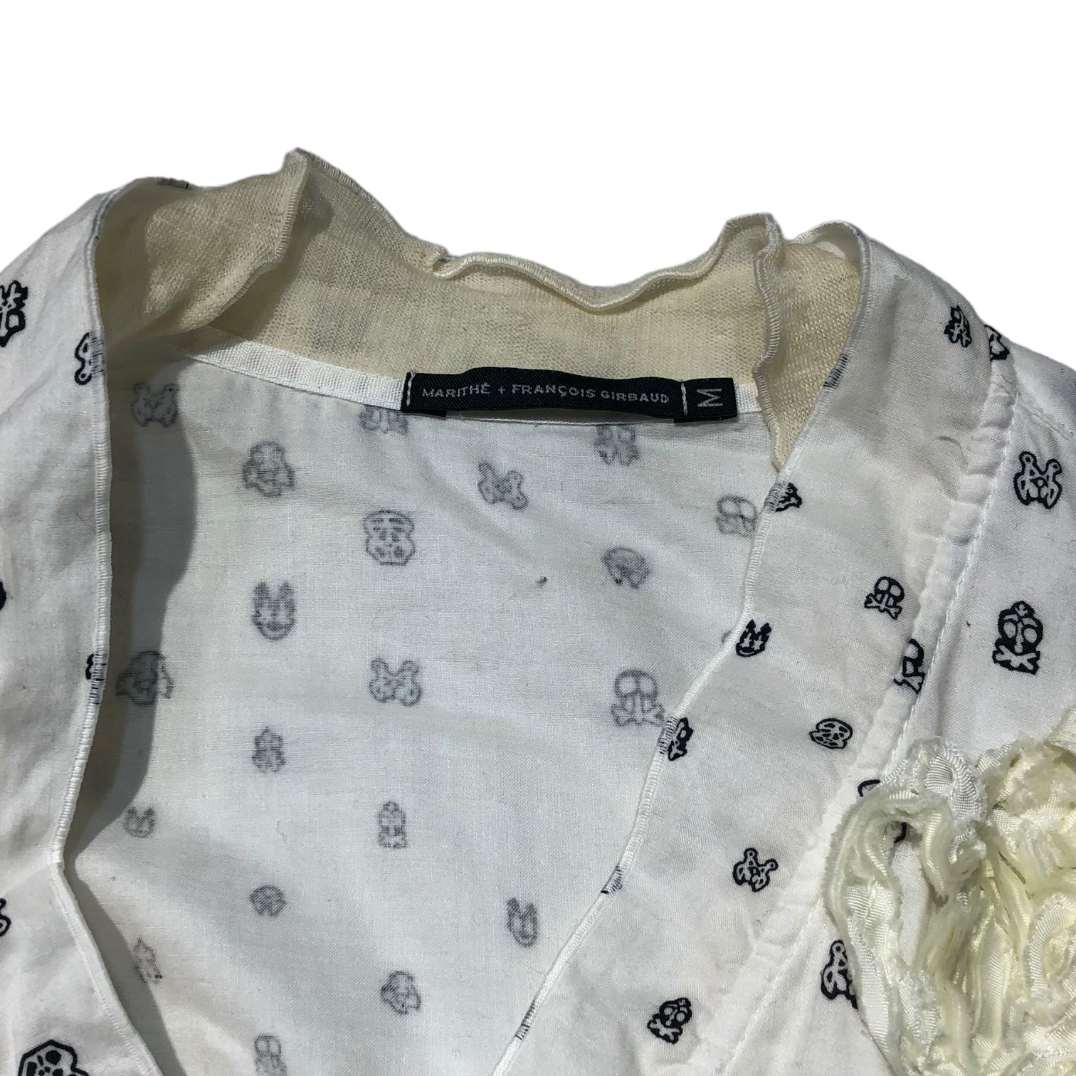MARITHE FRANCOIS GIRBAUD(マリテフランソワジルボー) 00's lower knit switching shirt フラワー ニット 切替 シャツ F7-5209 M ホワイト×アイボリー Y2K ドクロ柄 ブラウス