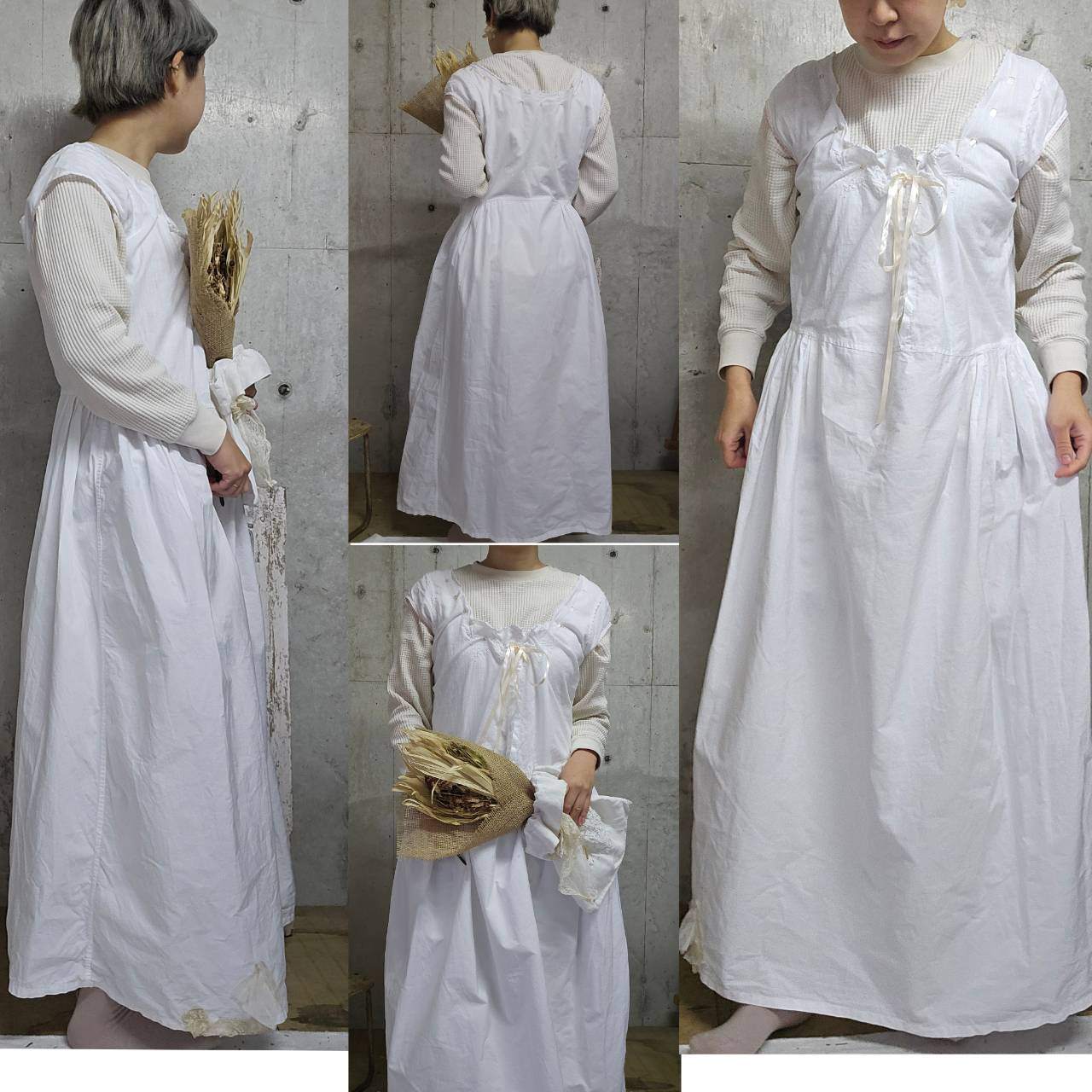 Euro antique(ヨーロッパアンティーク) 20’~30's piping stich remake nighty dress onepiece パイピングリボン付きリメイクコットンナイティドレス /ワンピース 表記無し(M～Lサイズ程度) ホワイト×ペールピンク