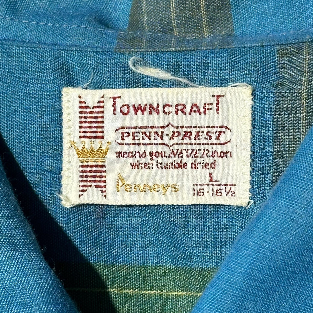 TOWNCRAFT(タウンクラフト) 60's~70's Vintage Open Collar Check Shirt ヴィンテージ オープンカラー チェック シャツ L ブルー×イエロー 60年代～70年代 JC Penneys