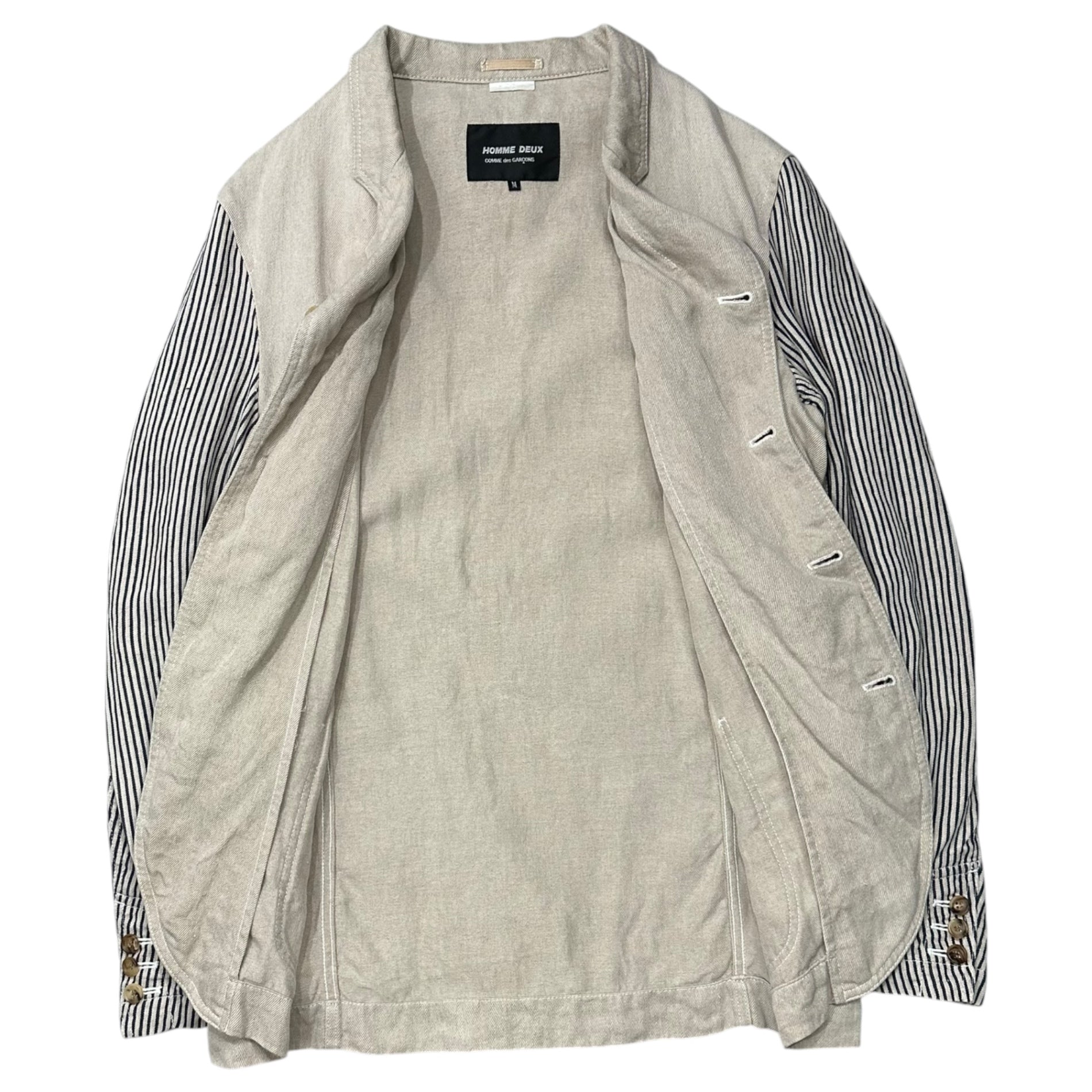 COMME des GARCONS HOMME DEUX(コムデギャルソンオムドゥ) Linen Jacket with Stripes on the Sleeves 袖 ストライプ リネン ジャケット DM-J086 M アイボリー×ブラック AD2013