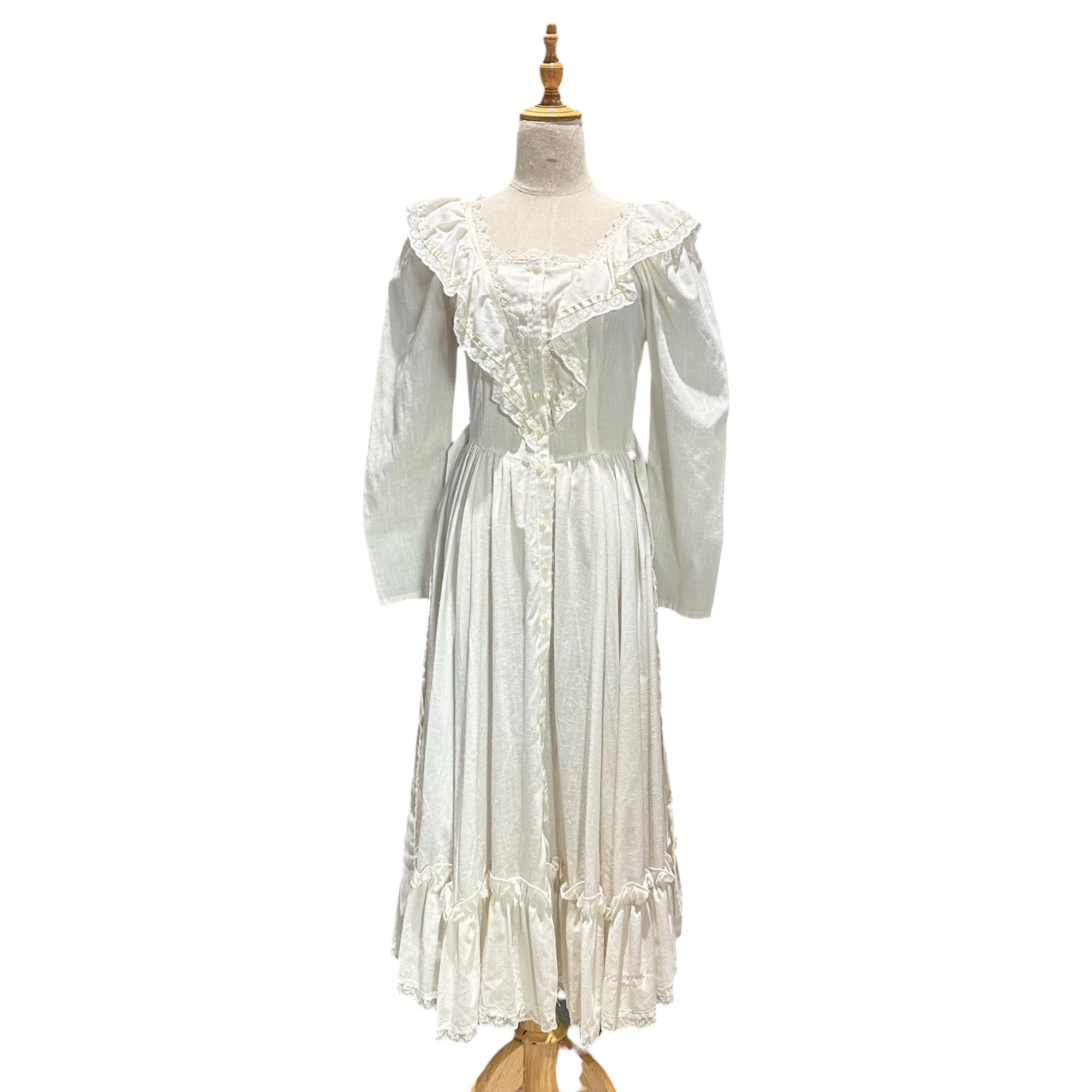 GUNNE SAX(ガニーサックス) 70's ribbon and lace long onepiece ふんわりギャザーとレースの長袖ワンピース Mサイズ程度 ホワイト