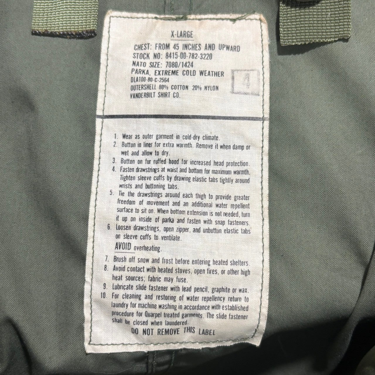 US ARMY(アメリカ軍) 80's M-65 EXTREME COLD WEATHER PARKA フィッシュテール モッズコート 8415-00-782-3220 X-LARGE オリーブ 80年代 別年代ライナー付 ヴィンテージ ミリタリー VANDERBILT SHIRT CO製