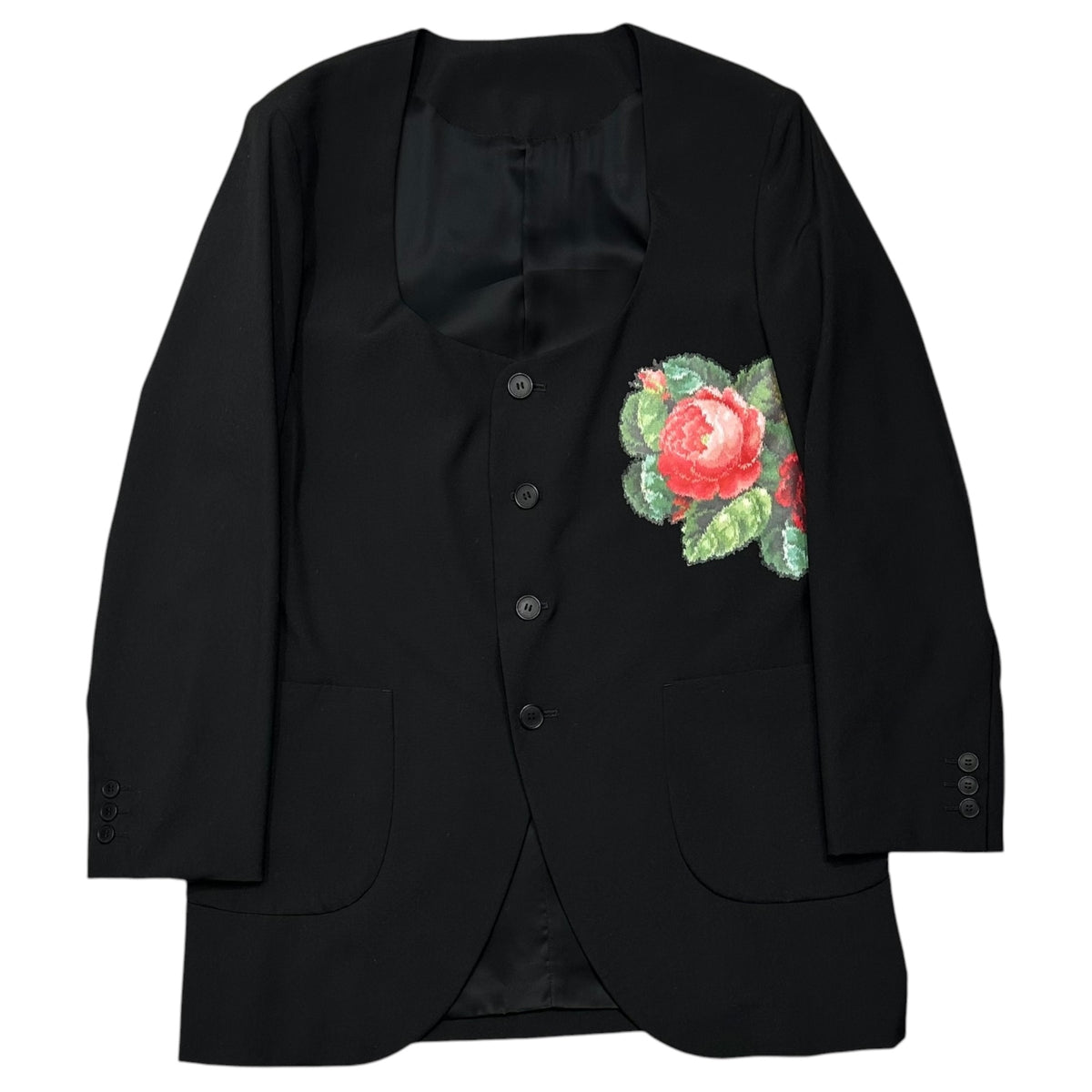 COMME des GARCONS HOMME PLUS(コムデギャルソンオムプリュス) 2012AW ”Neither Man Nor Woman” Rose Print Collarless Jacket 薔薇 プリント ノーカラー ジャケット PJ-J084 M ブラック AD2012 男でも女でもない