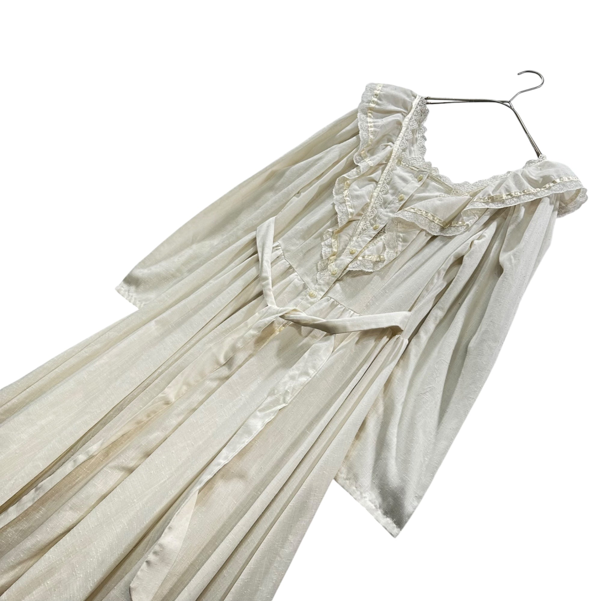 GUNNE SAX(ガニーサックス) 70's ribbon and lace long onepiece ふんわりギャザーとレースの長袖ワンピース Mサイズ程度 ホワイト