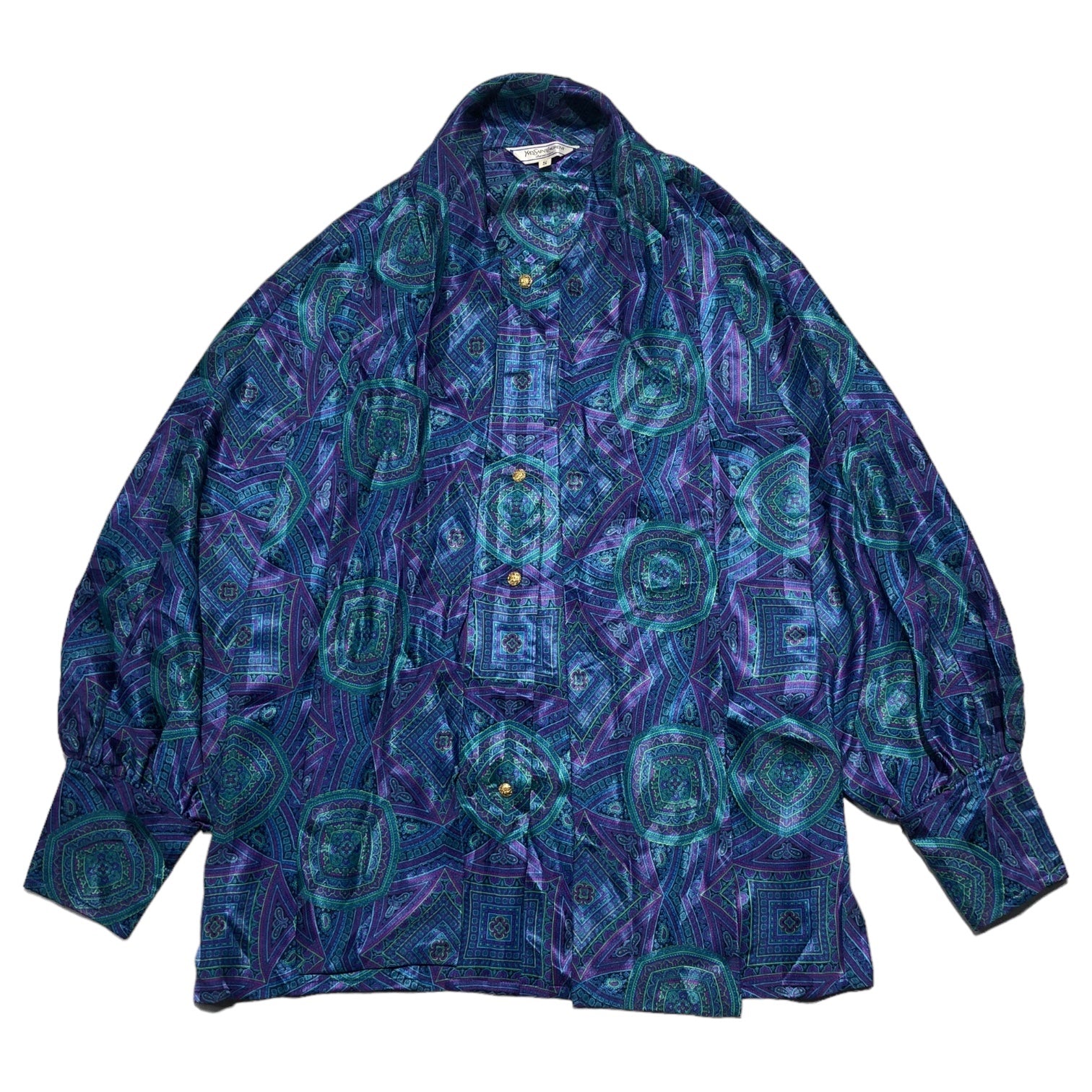 YVES SAINT LAURENT(イヴサンローラン) 90's scarf patterned bowtie shirt blouse スカーフ柄 ボウタイ シャツ ブラウス HT085-536 S ブルー×パープル ヴィンテージ