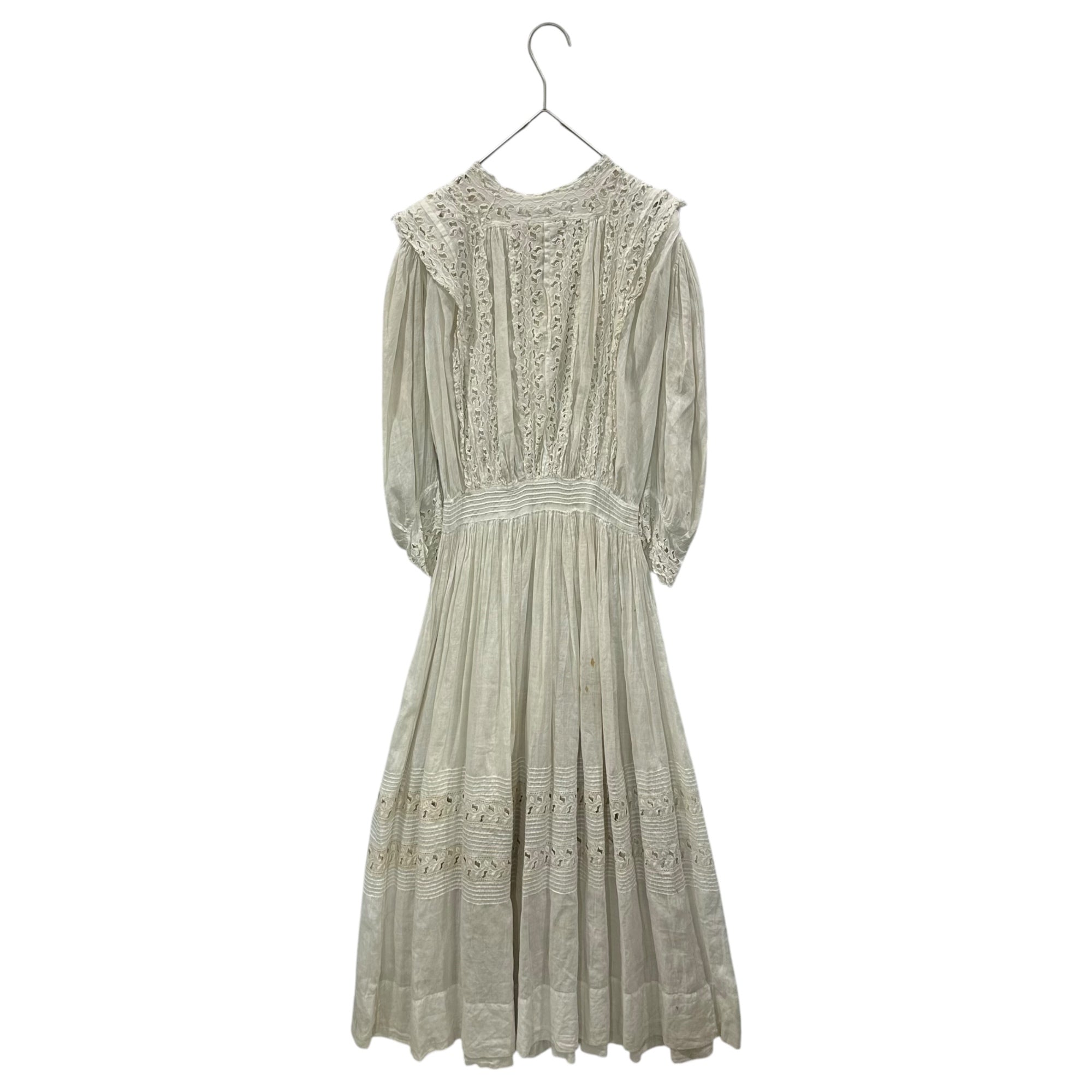 Euro antique(ヨーロッパアンティーク) cotton lace long dress onepiece コットンの七分袖のドレス ワンピース 肩幅約37cm,ウエスト約52㎝/全体的にダメージ有 ホワイト