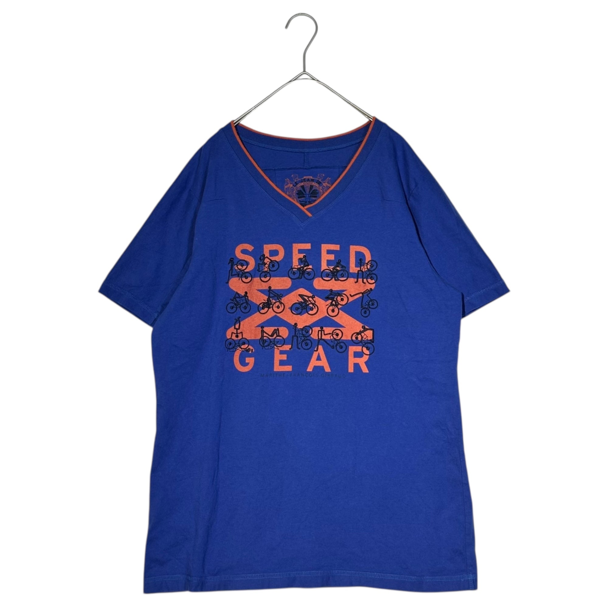 MARITHE FRANCOIS GIRBAUD(マリテフランソワジルボー) 00's Road Racer Embroidered V-neck T-shirt ロードレイサー 刺繍 Vネック Tシャツ M5-6940 L ブルー×オレンジ Y2K Tシャツ 自転車 ロゴ
