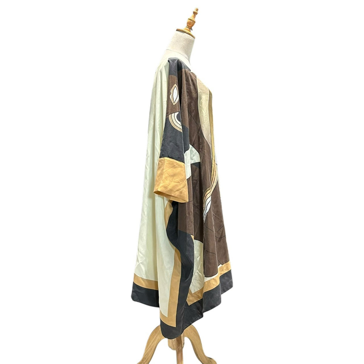 FENDI(フェンディ) Geometric-print all-silk dolman sleeve dress 幾何学模様 オールシルク ドルマン スリーブ ワンピース FXD568 AK77 L ベージュ×ブラウン