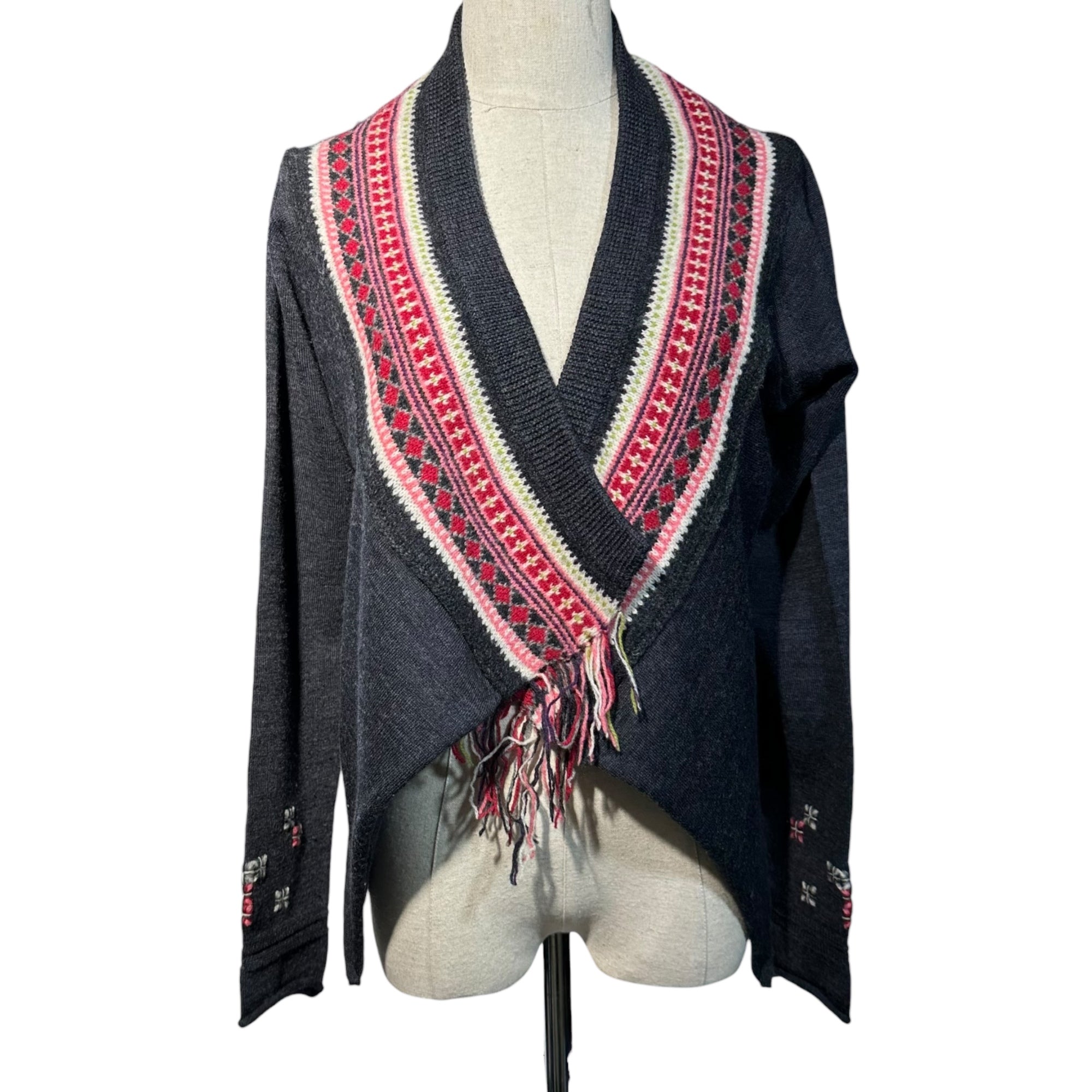 MARITHE FRANCOIS GIRBAUD(マリテフランソワジルボー) 00's Back Open Ethnic Pattern Wool Knit Bolero Cardigan バック オープン エスニック パターン ウール ニット ボレロ カーディガン M7-8024 M グレー Y2K