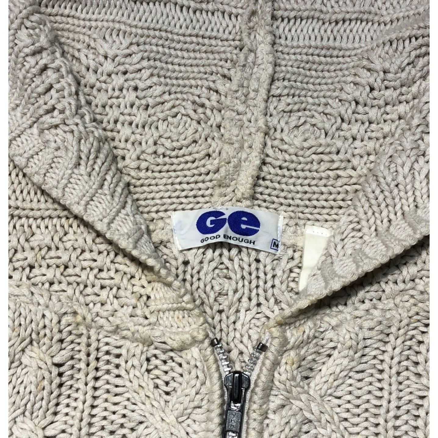 GOODENOUGH(グッドイナフ) 90's cable knit zip hoodie ケーブルニット ジップパーカー 90年代 藤原ヒロシ M アイボリー×レッド 汚れ有