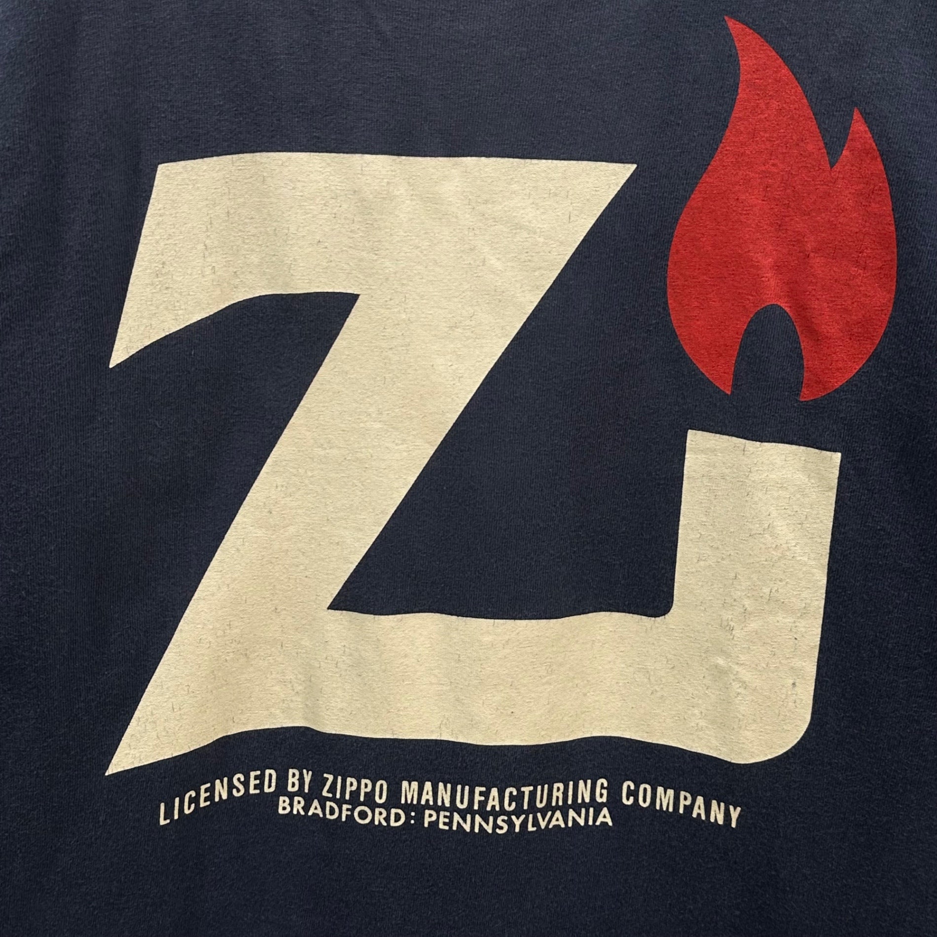 VINTAGE(ヴィンテージ) 90's ZIPPO Print L/S T-Shirt ジッポー プリント 長袖 Tシャツ ロンT M ネイビー フルーツボディ 裾シングルステッチ