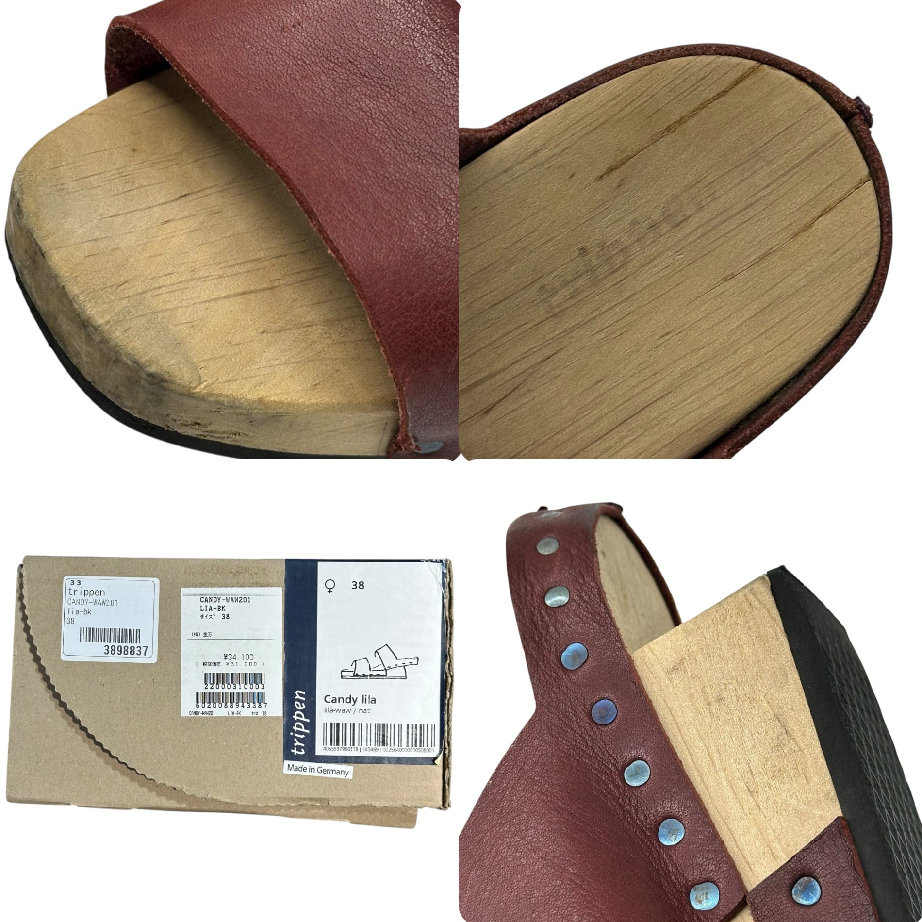 trippen(トリッペン) CANDY Sandals キャンディ サンダル ウッド レザー 24cm程度 バーガンディ×ナチュラル