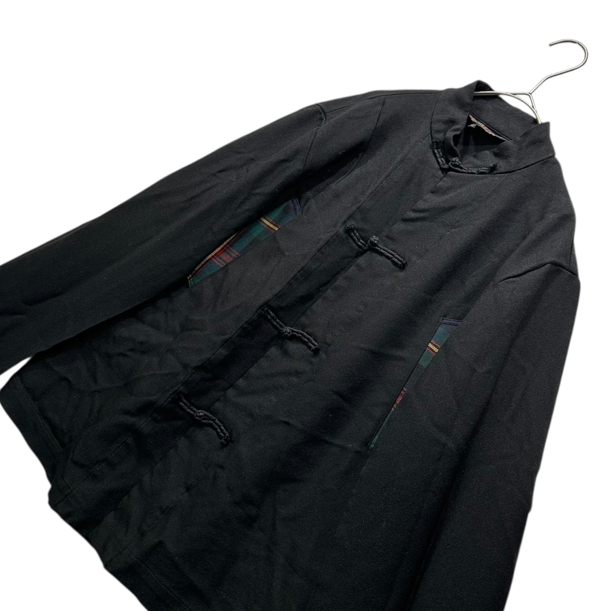 BLACK COMME des GARCONS(ブラックコムデギャルソン) 17AW Polyester Shrink-Resistant Checkered Panel China Shirt Jacket ポリエステル 縮絨 チェック切替 チャイナ シャツ ジャケット OT-J001 L ブラック AD2017 男性着用可能