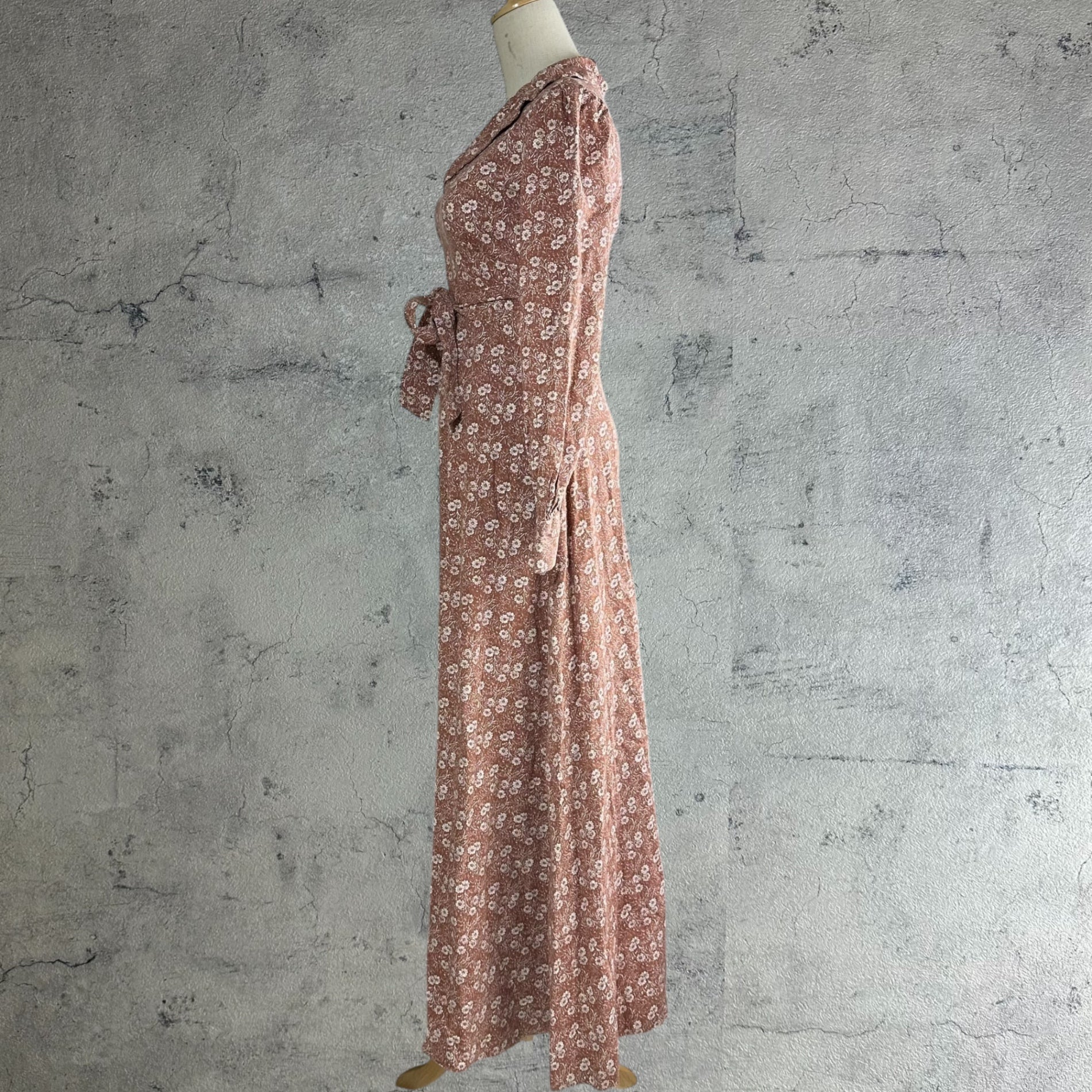 VINTAGE(ヴィンテージ) 70's~small floral pattern long onepiece ベルト付き小花柄のロングワンピース M~L程度 ブラウン×ホワイト