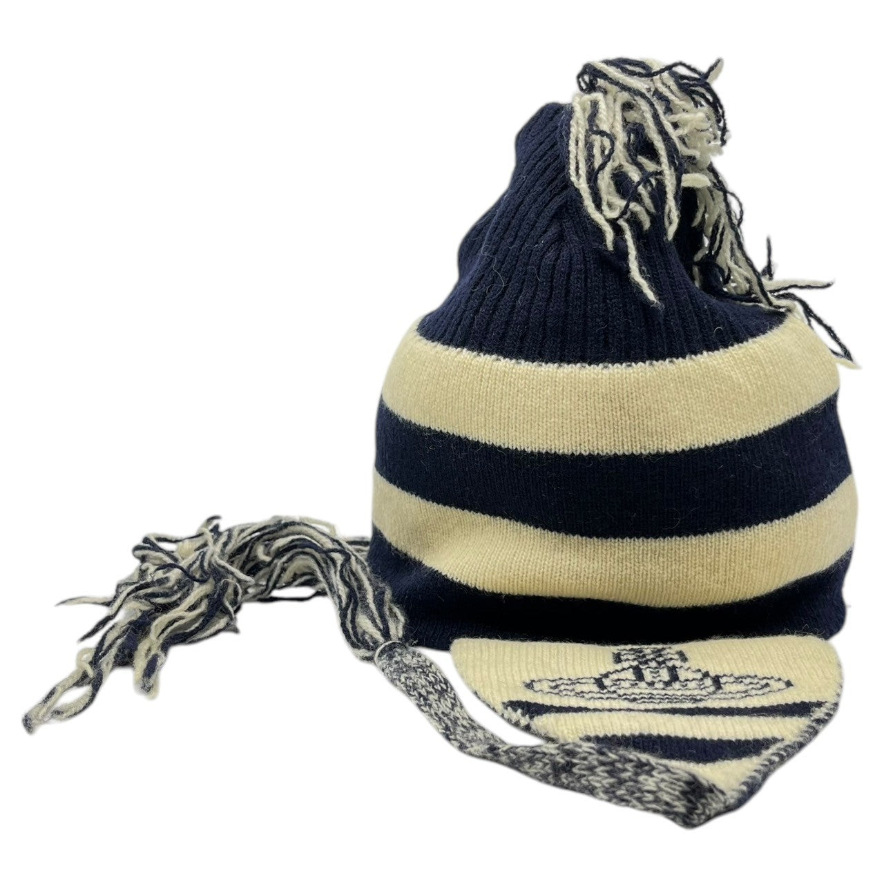 Vivienne Westwood CHAPEAUX(ヴィヴィアンウエストウッド) 00's Original knit hat with ear flaps オリジナル 耳当て付き ニット帽 ネイビー×ホワイト Y2K ムーンバット