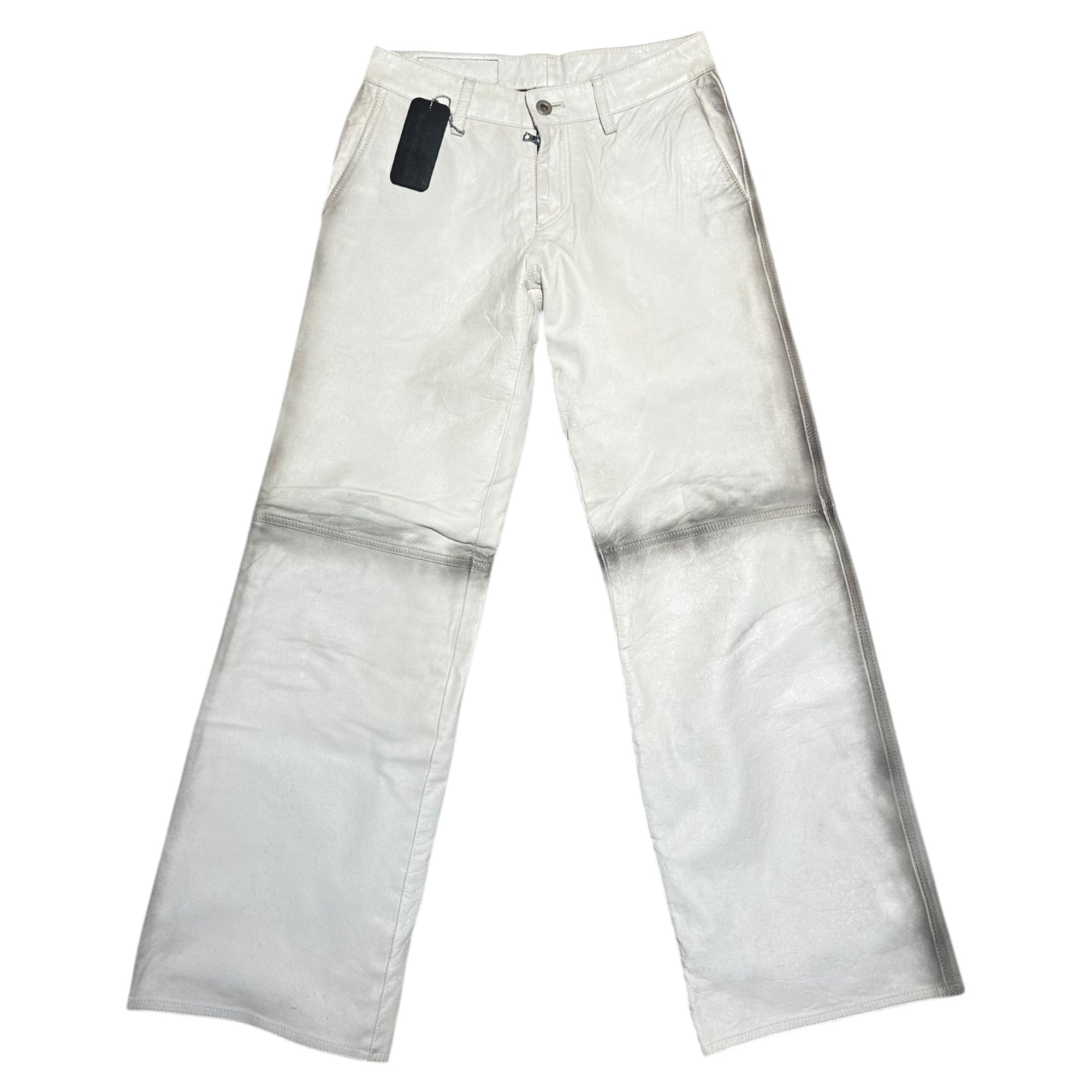 ISAMU KATAYAMA BACKLASH(イサムカタヤマバックラッシュ) Distressed Straight-Leg Leather Pants 汚れ加工 ストレートレザー パンツ ホワイト×ブラック 品質表示タグ欠品