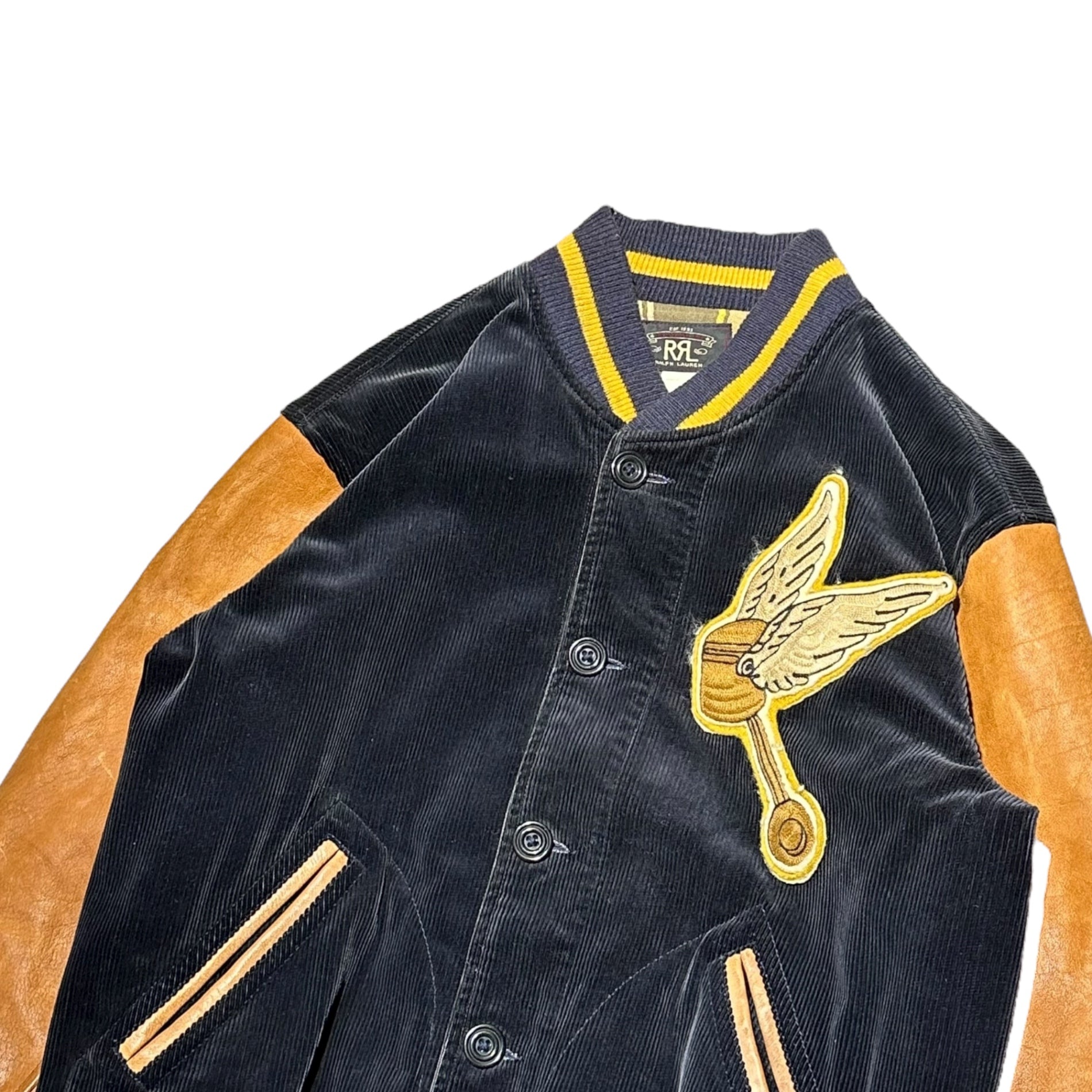 RRL(ダブルアールエル) WAKEFIELD VARSITY JACKET ウェイク フィールド ヴァーシティー ジャケット スタジャン コーデュロイ 41381 M ダークネイビー×ブラウン BONNNEVILLE SALTFLATSシリーズ Bonneville Navy/Tan 2015年モデル