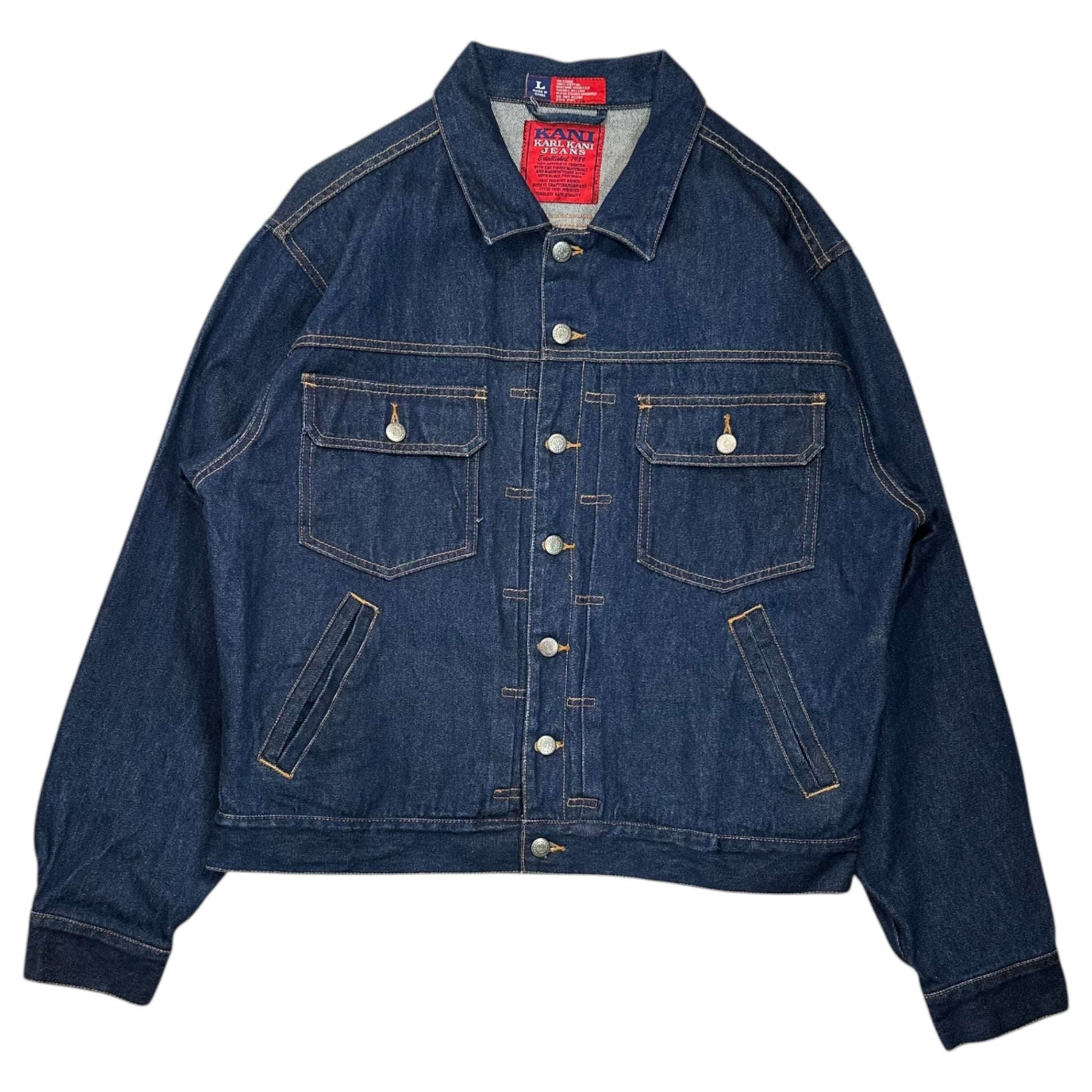 Karl Kani(カールカナイ) 90's Logo 2nd TYPE Denim Tracker Jacket ロゴ 刺繍 デニム トラッカー ジャケット L インディゴ 90年代 ヴィンテージ B系