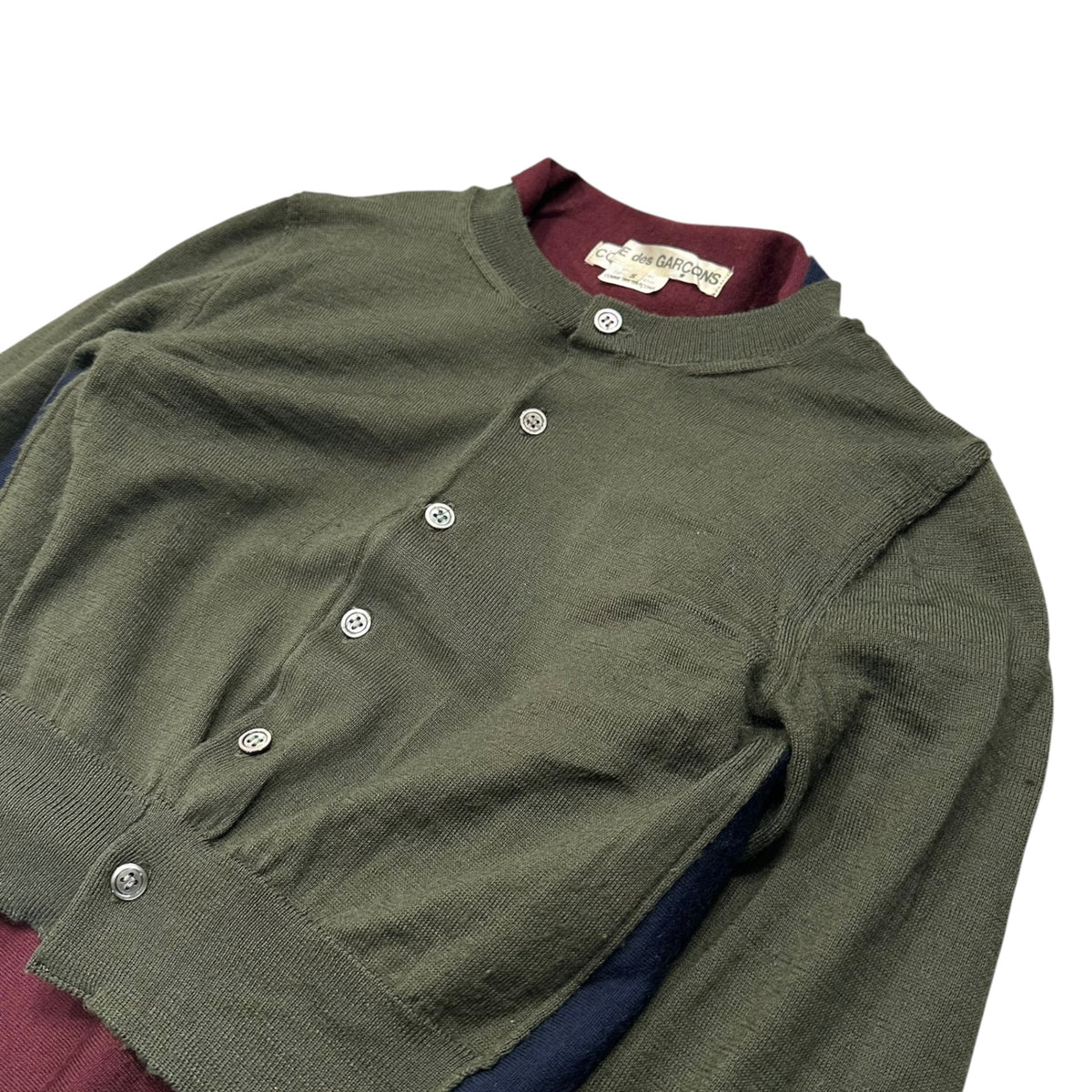 COMME des GARCONS(コムデギャルソン) 2009AW Contrast-Color Layered Button-Front Knit Cardigan 切替 レイヤード ボタン ニット カーディガン GD-N008 FREE カーキ×ネイビー×ワインレッド AD2009 00s アーカイブ