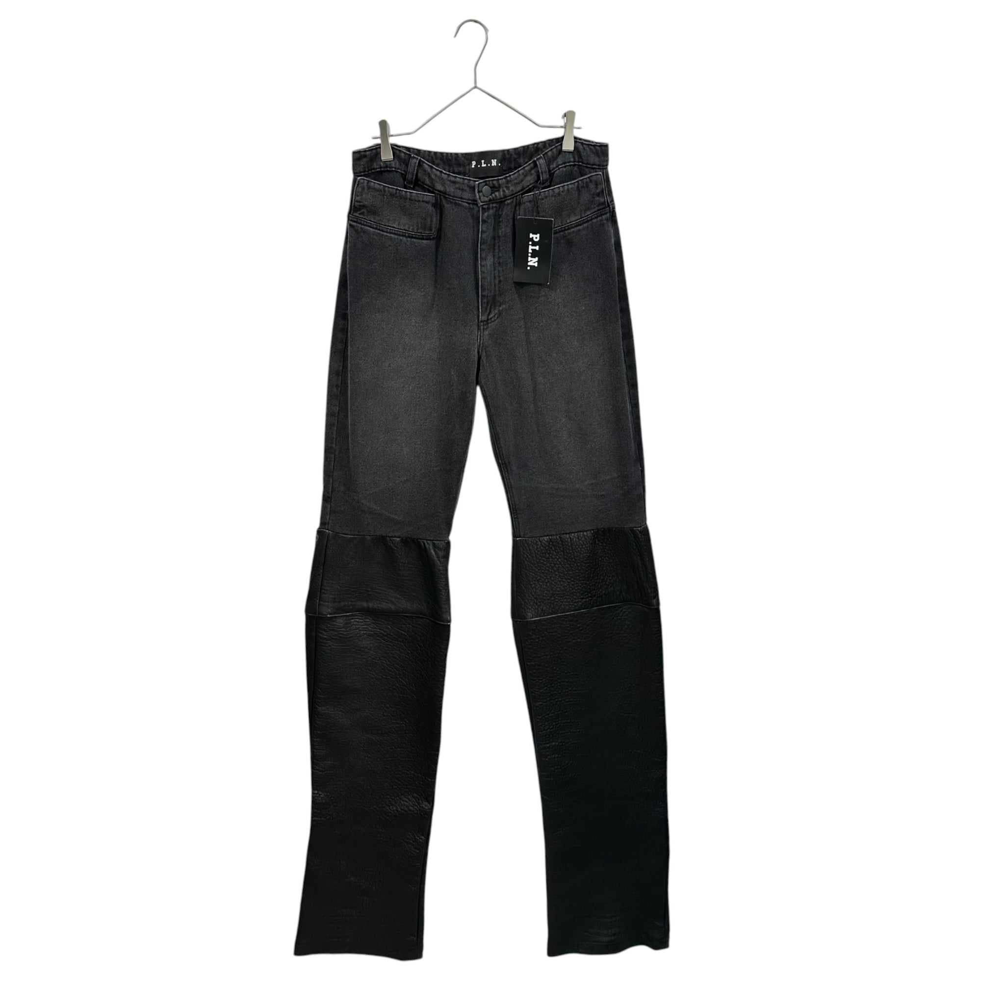 P.L.N.(ピーエルエヌ) Super Long Leather Panel Pants スーパー ロング レザー 切替 パンツ M ブラック